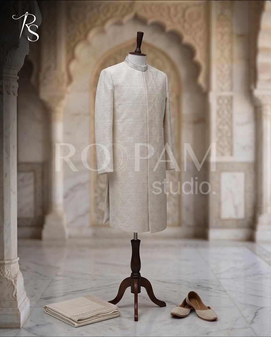 Geometric Pearl Motif Ivory Masoori Sherwani - Image 1