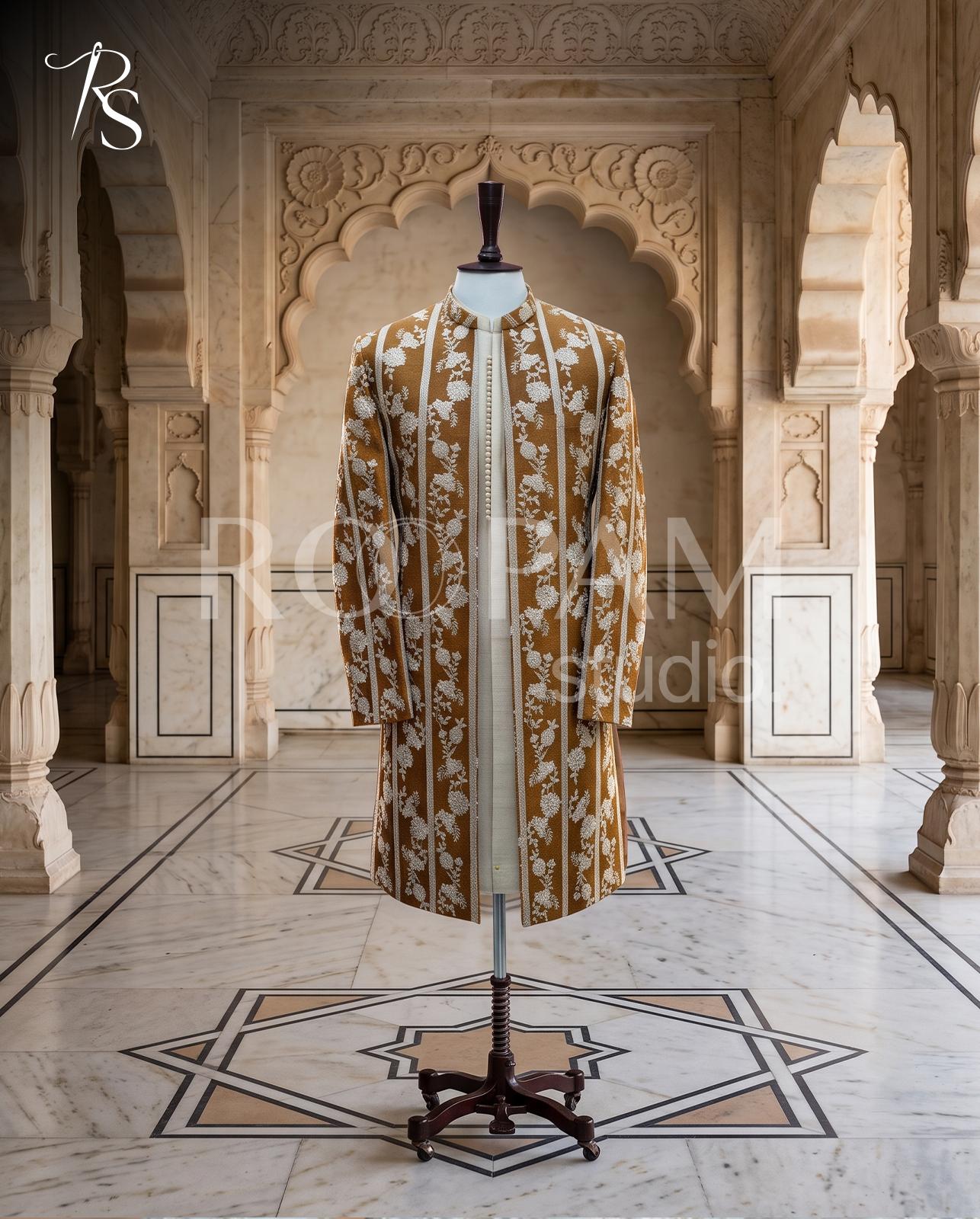 Royal Brown & Silver Floral Open Sherwani - Image 1