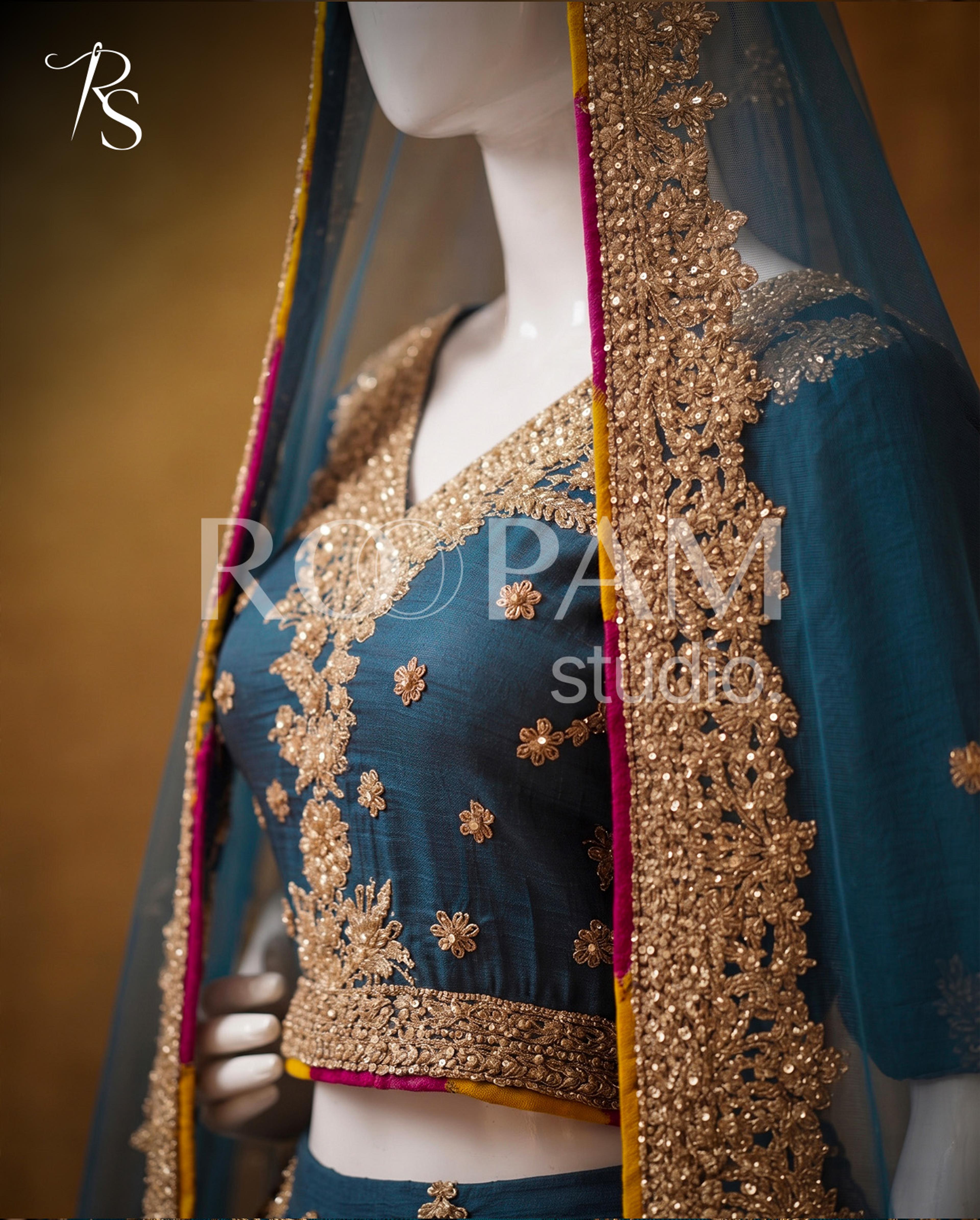 Midnight Teal Zardozi Mehndi Lehenga - Thumbnail 4