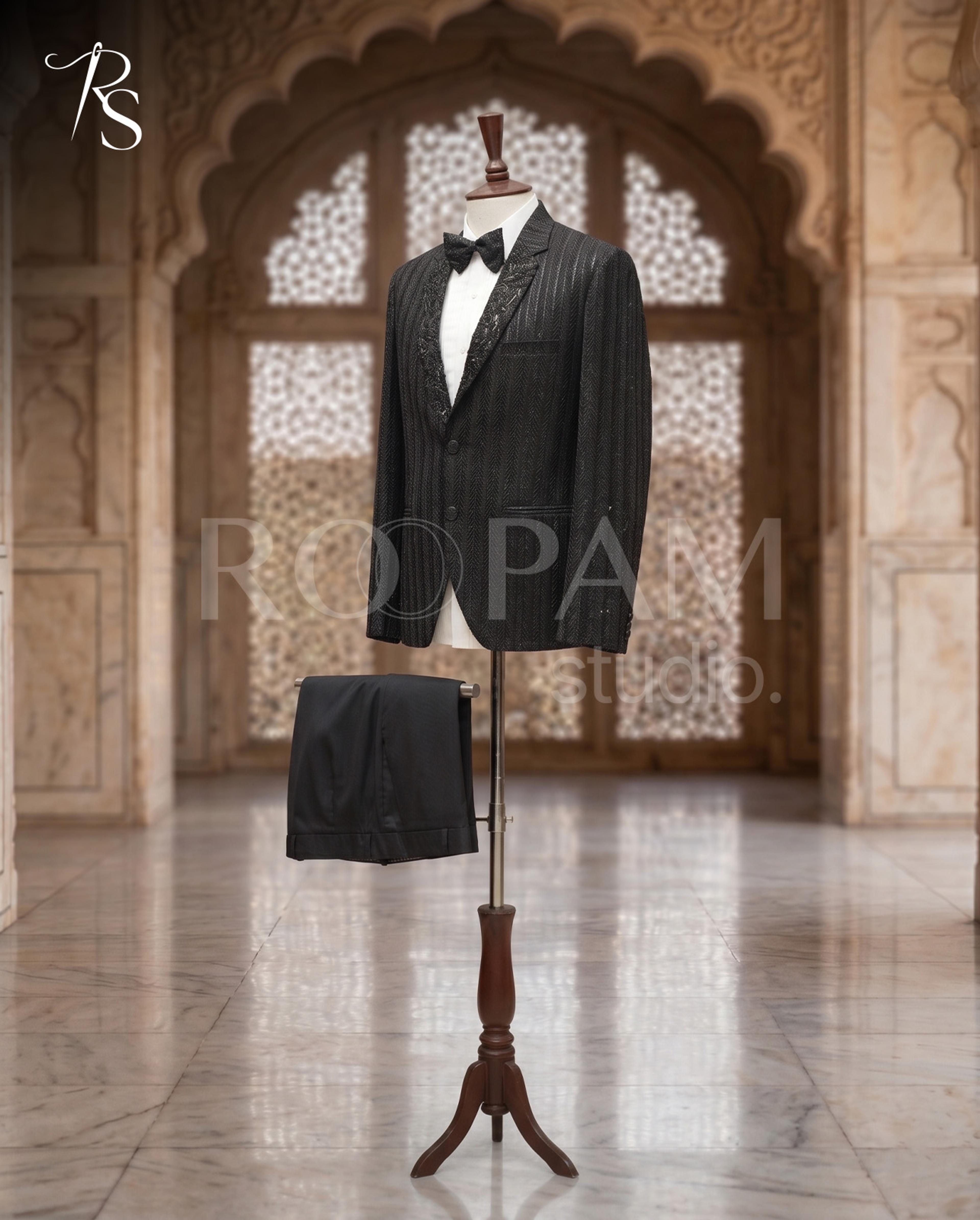 Designer Black Textured Hand-Embroidered Tuxedo Pant Coat - Thumbnail 3