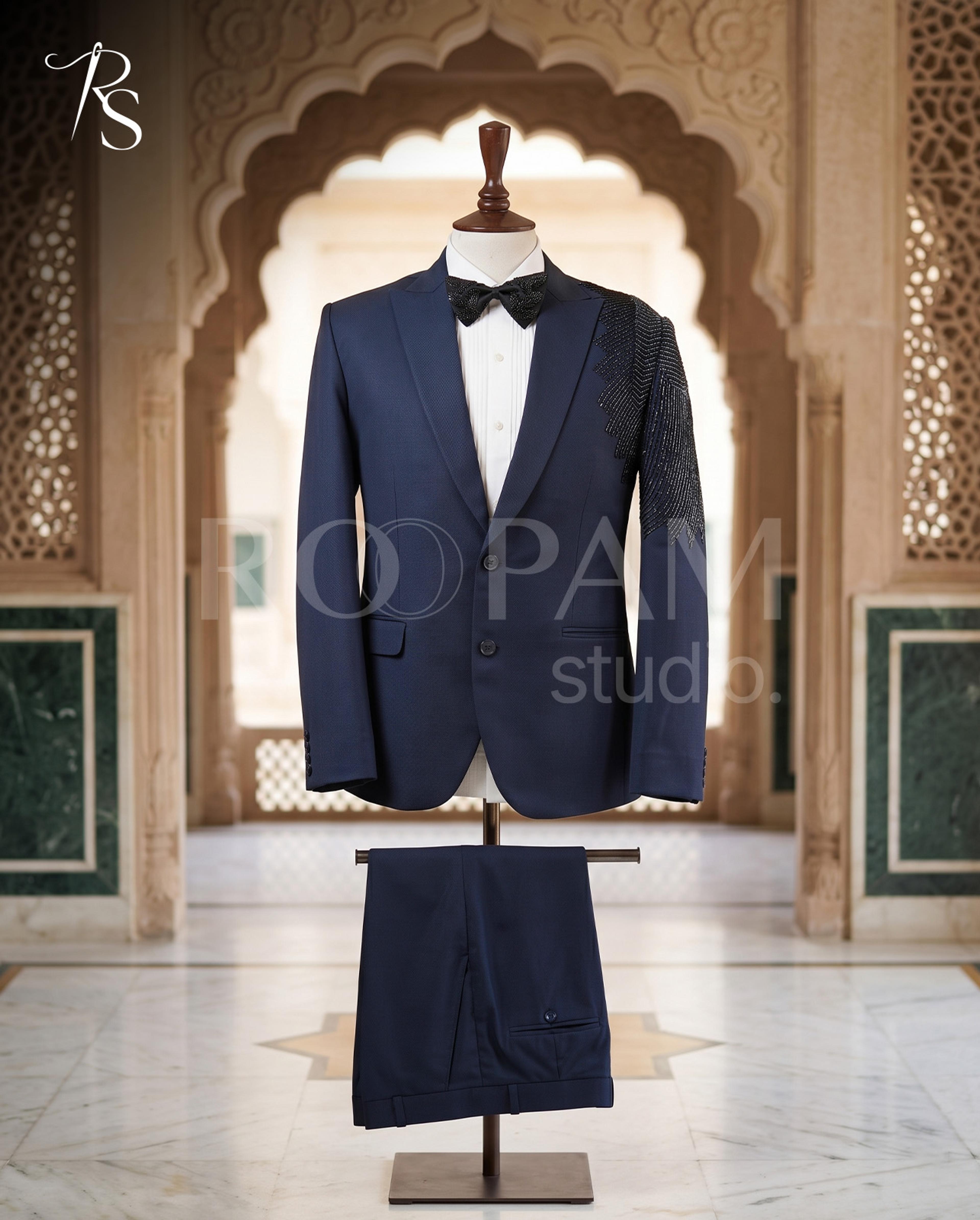 Luxury Blue Asymmetrical "Feather Motif" Beaded Pant Coat - Thumbnail 3