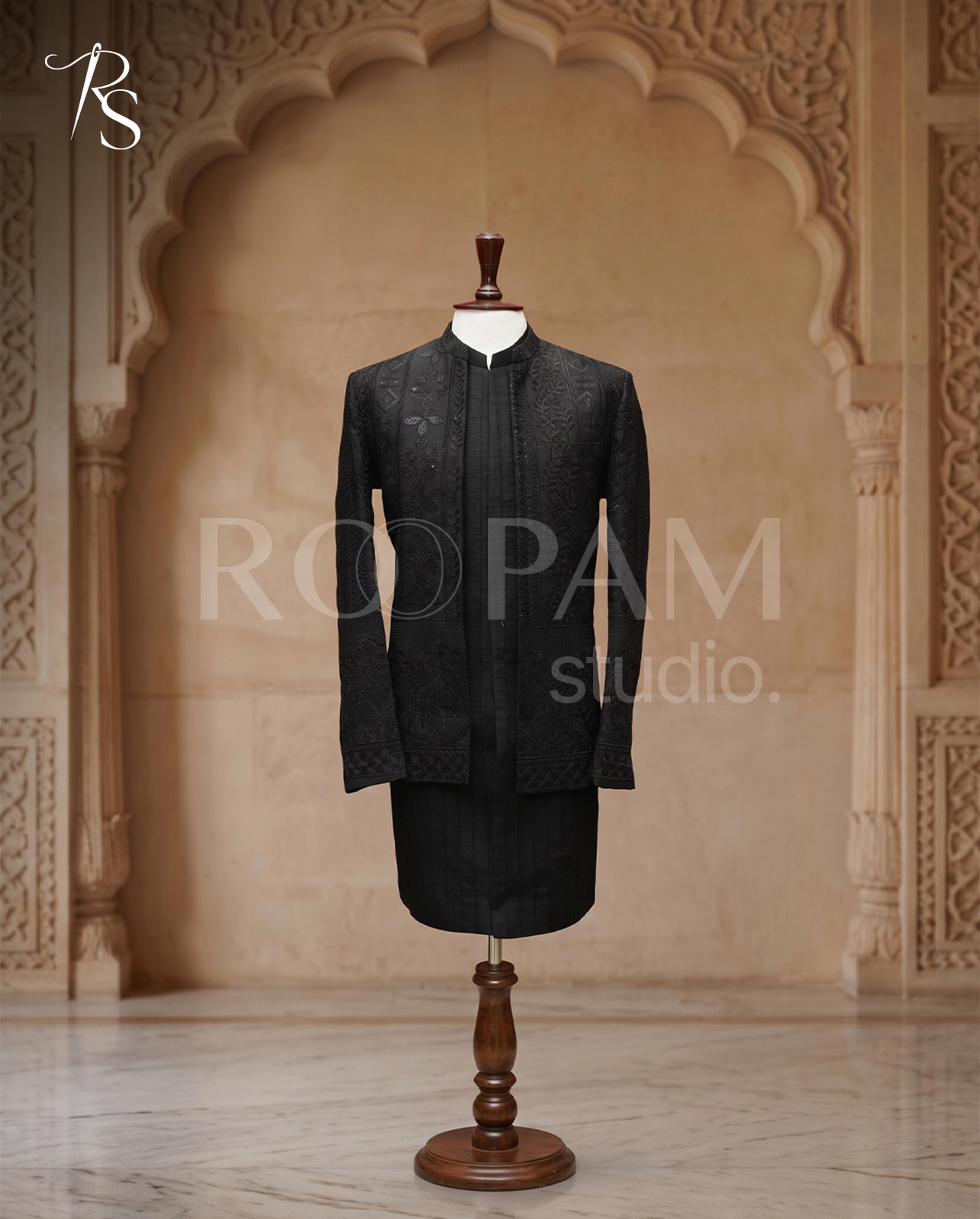 Black Self-Embroidered Groom Prince Coat - Thumbnail 3