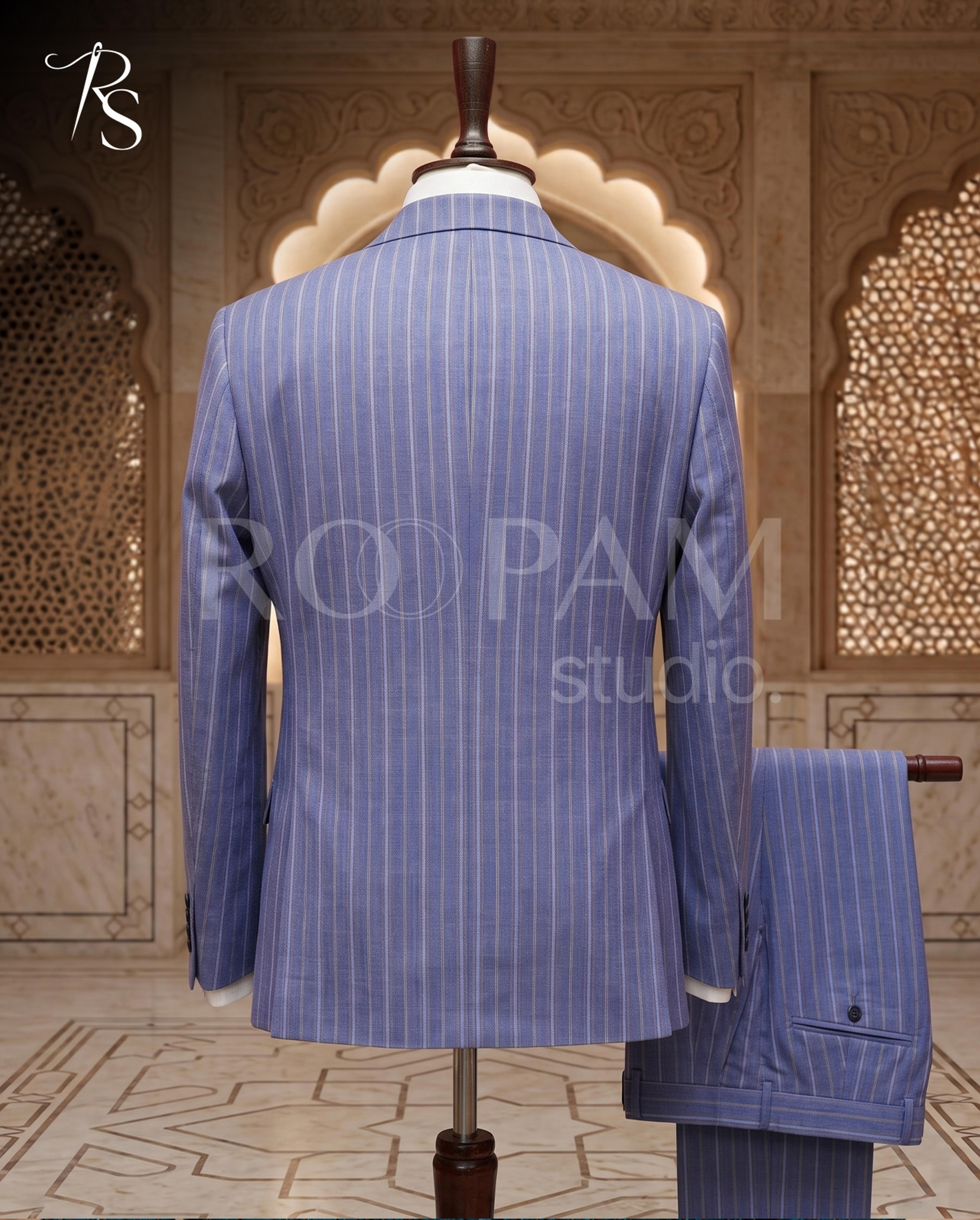 Premium French Blue Pinstripe Double-Breasted Suit (2-Piece) - Thumbnail 3