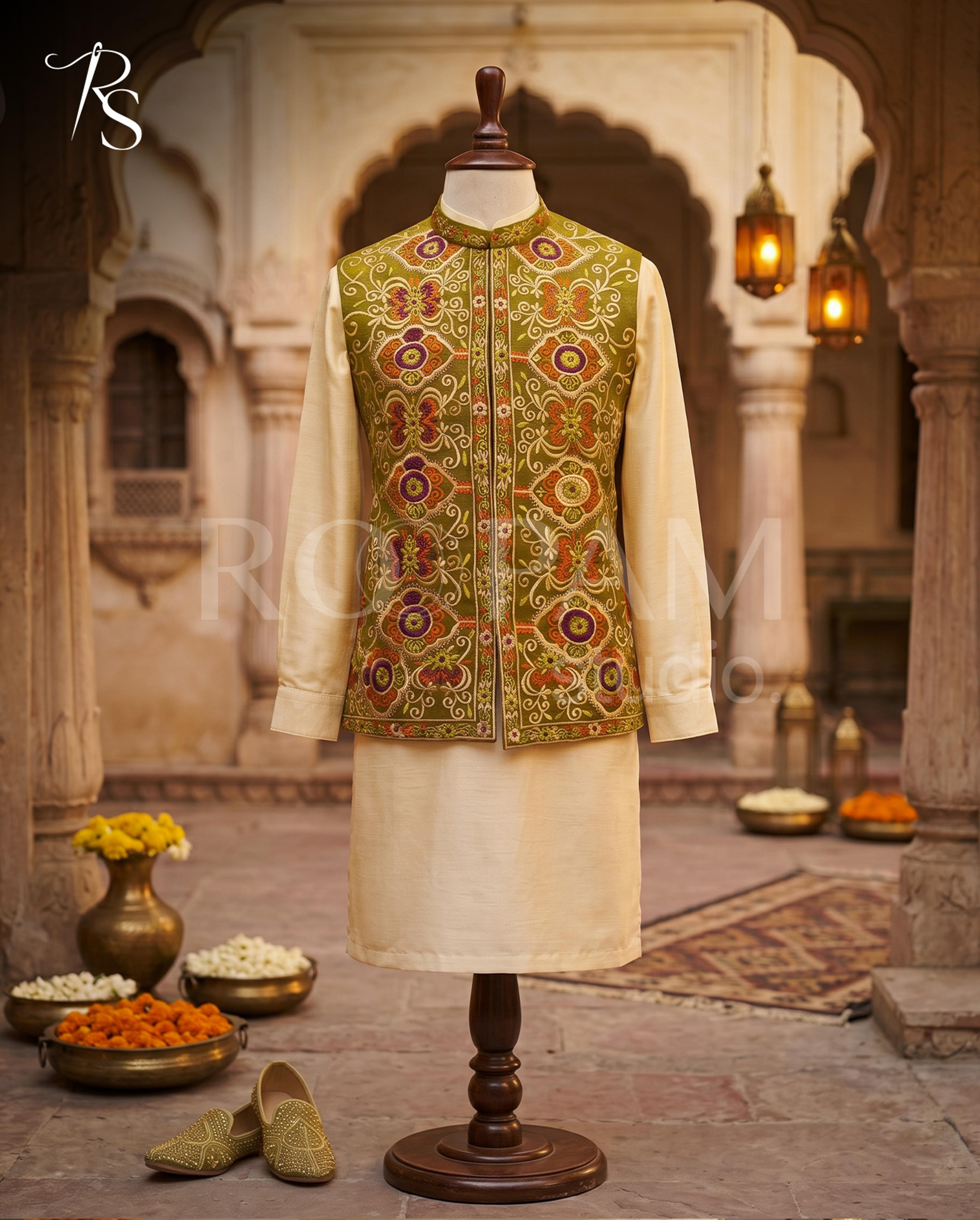 Roopam Studio Luxury Olive Green Embroidered Waistcoat - Thumbnail 2