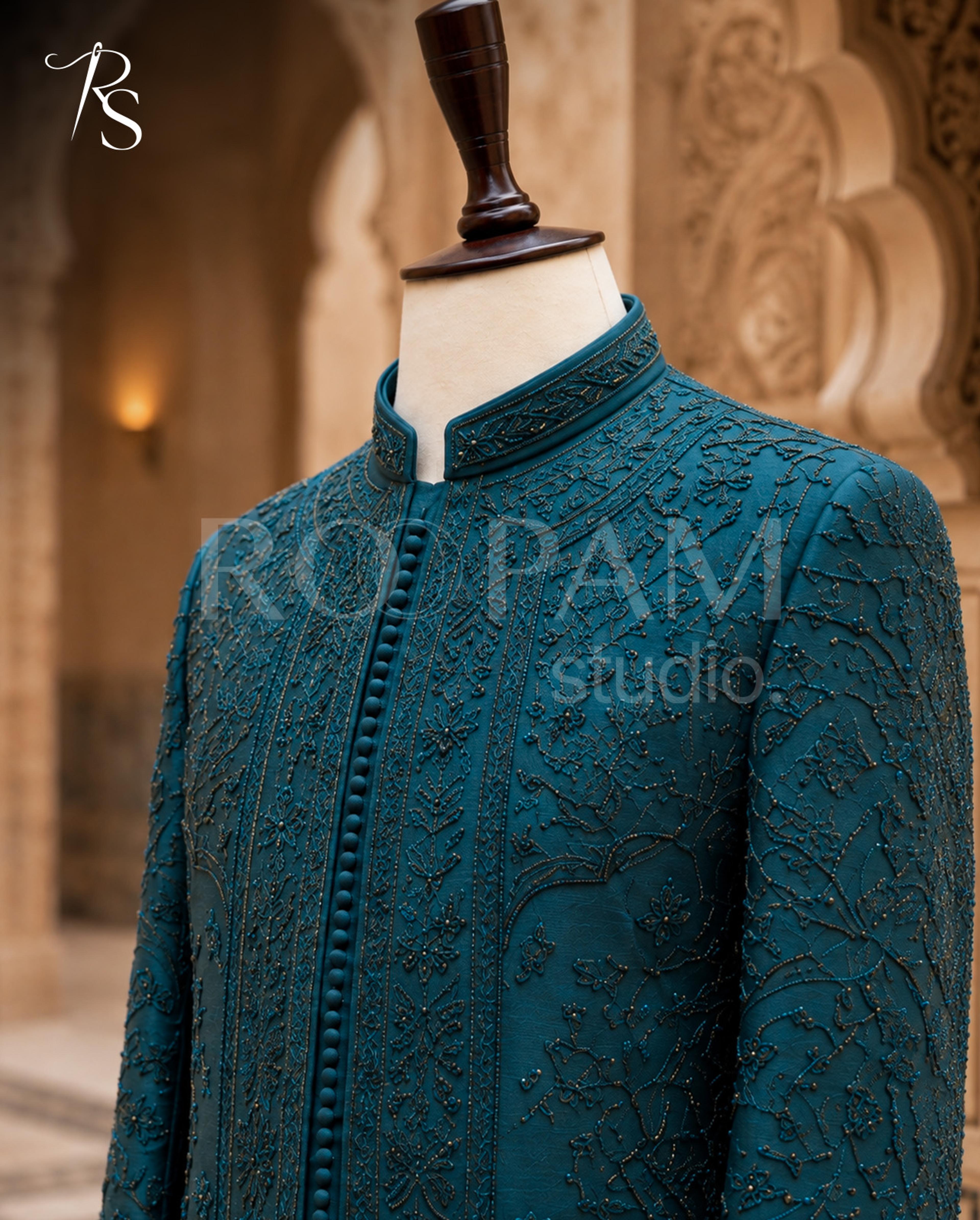 Premium Deep Teal Beaded Open Prince Coat