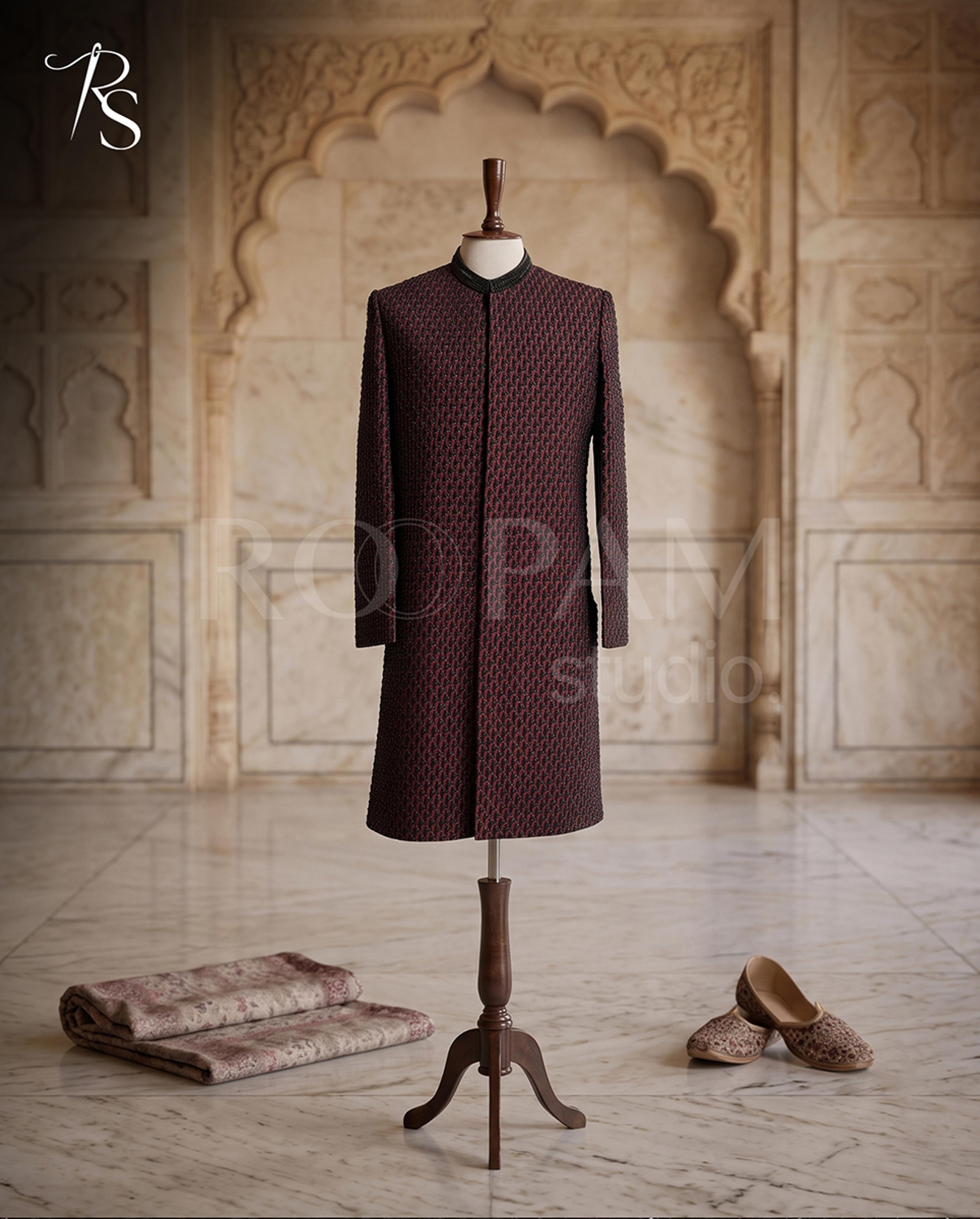 Majestic Deep Burgundy Leaf Motif Heavily Beaded Luxury Sherwani - Thumbnail 4