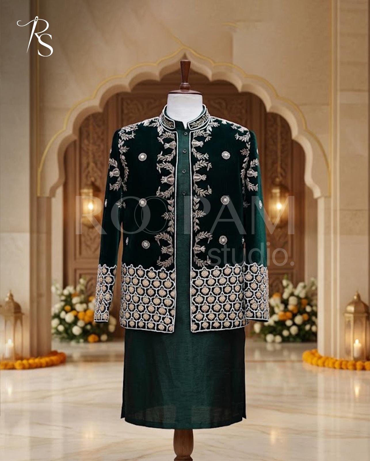 Emerald Green Pearl-Embroidered Velvet Sherwani - Image 1