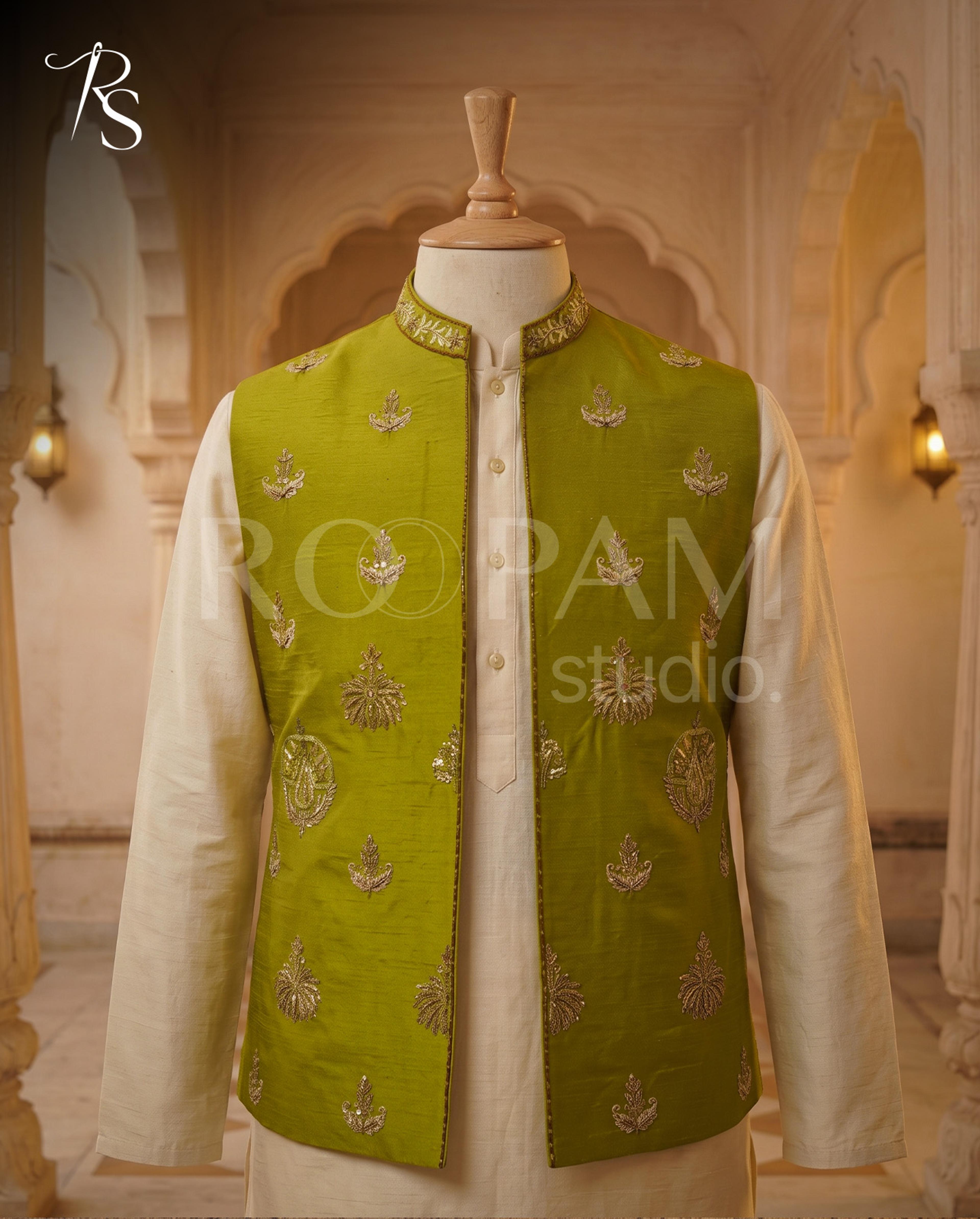 Roopam Studio Luxury Olive Yellow Embroidered Waistcoat