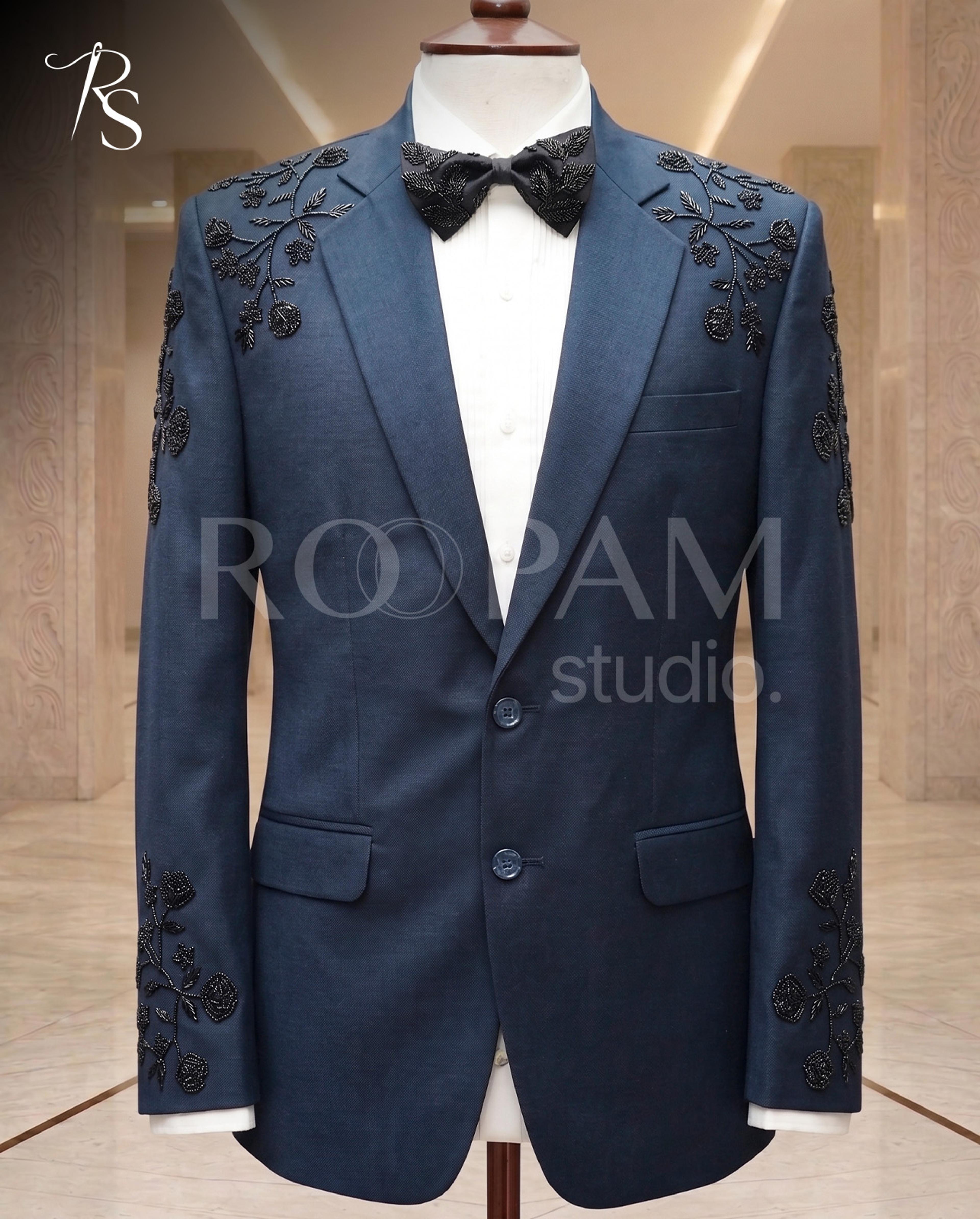 Premium Navy Blue Floral Embroidered 2-Piece Suit - Thumbnail 5