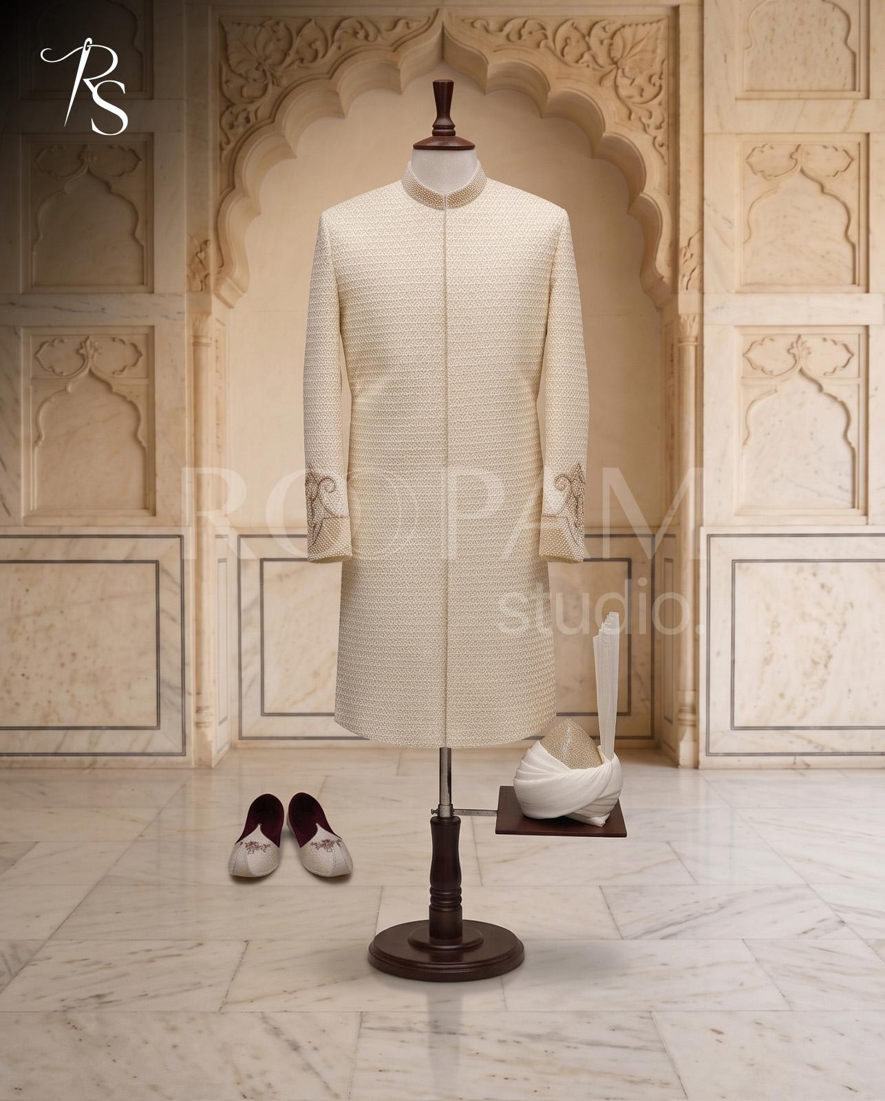 Roopam Studio Premium Cream Sherwani with Intricate Zardozi and Pearl Embellishments - Image 1