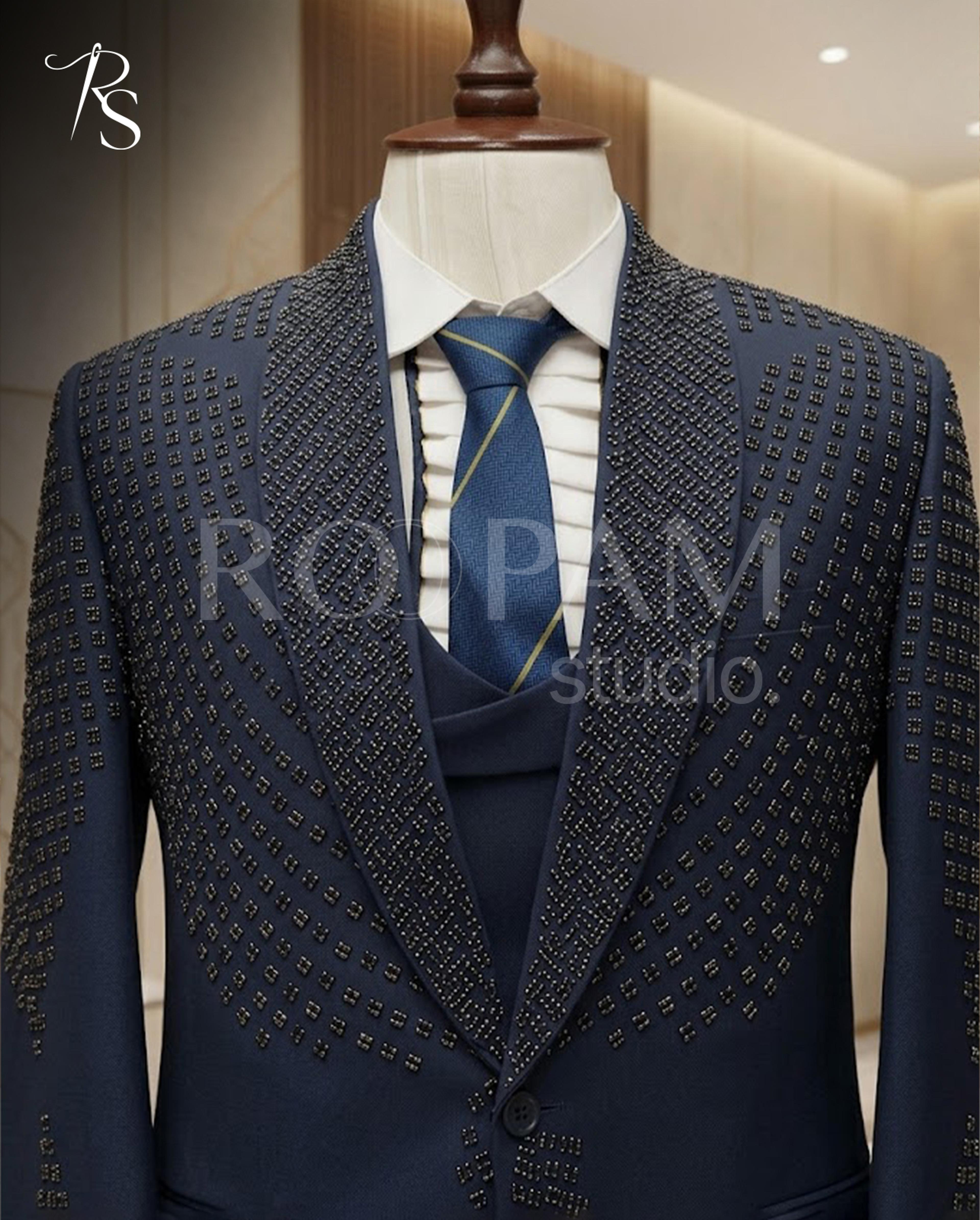 Premium Navy Blue Geometric Embellished Designer 3-Piece Suit  - Thumbnail 2