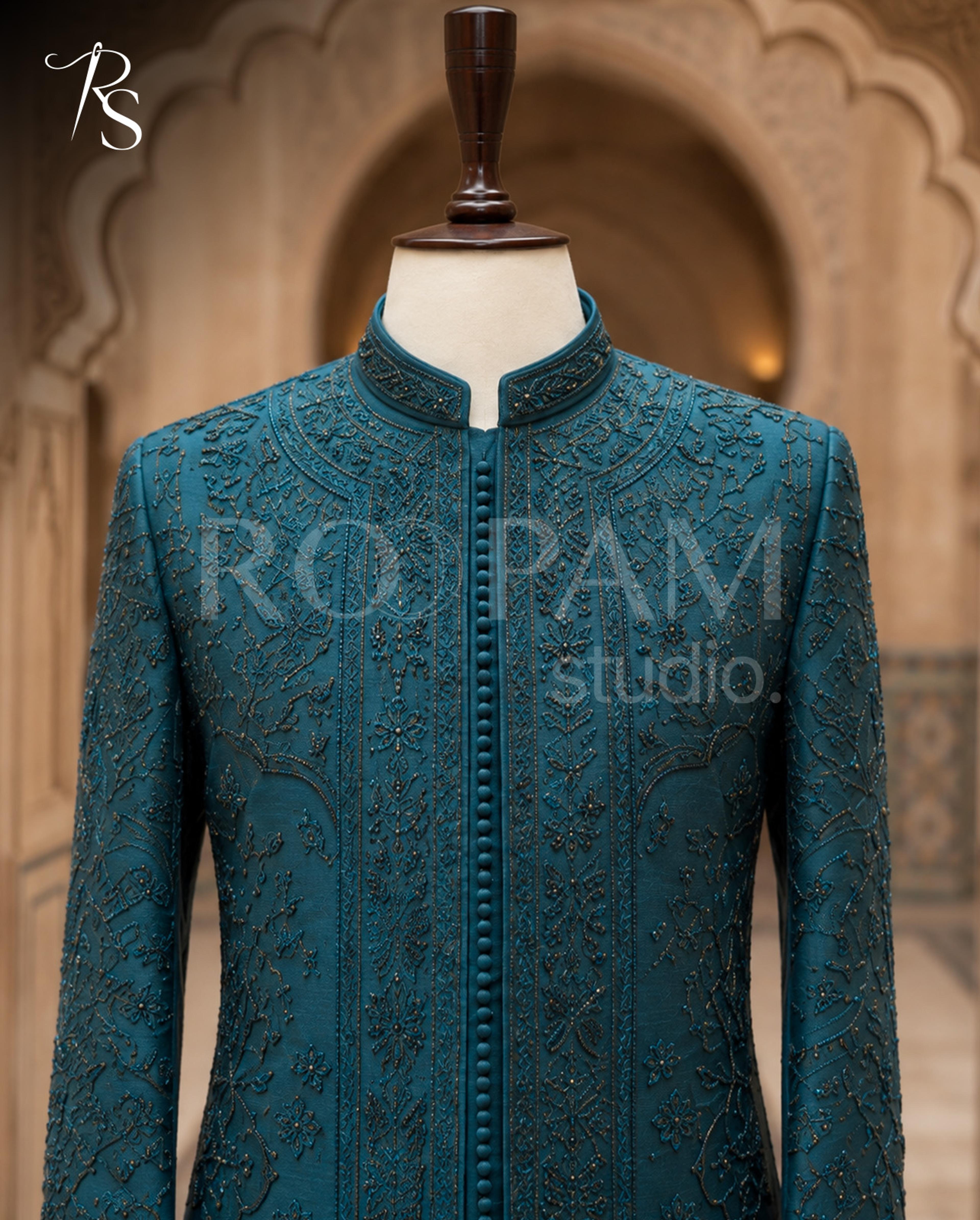 Premium Deep Teal Beaded Open Prince Coat - Thumbnail 2