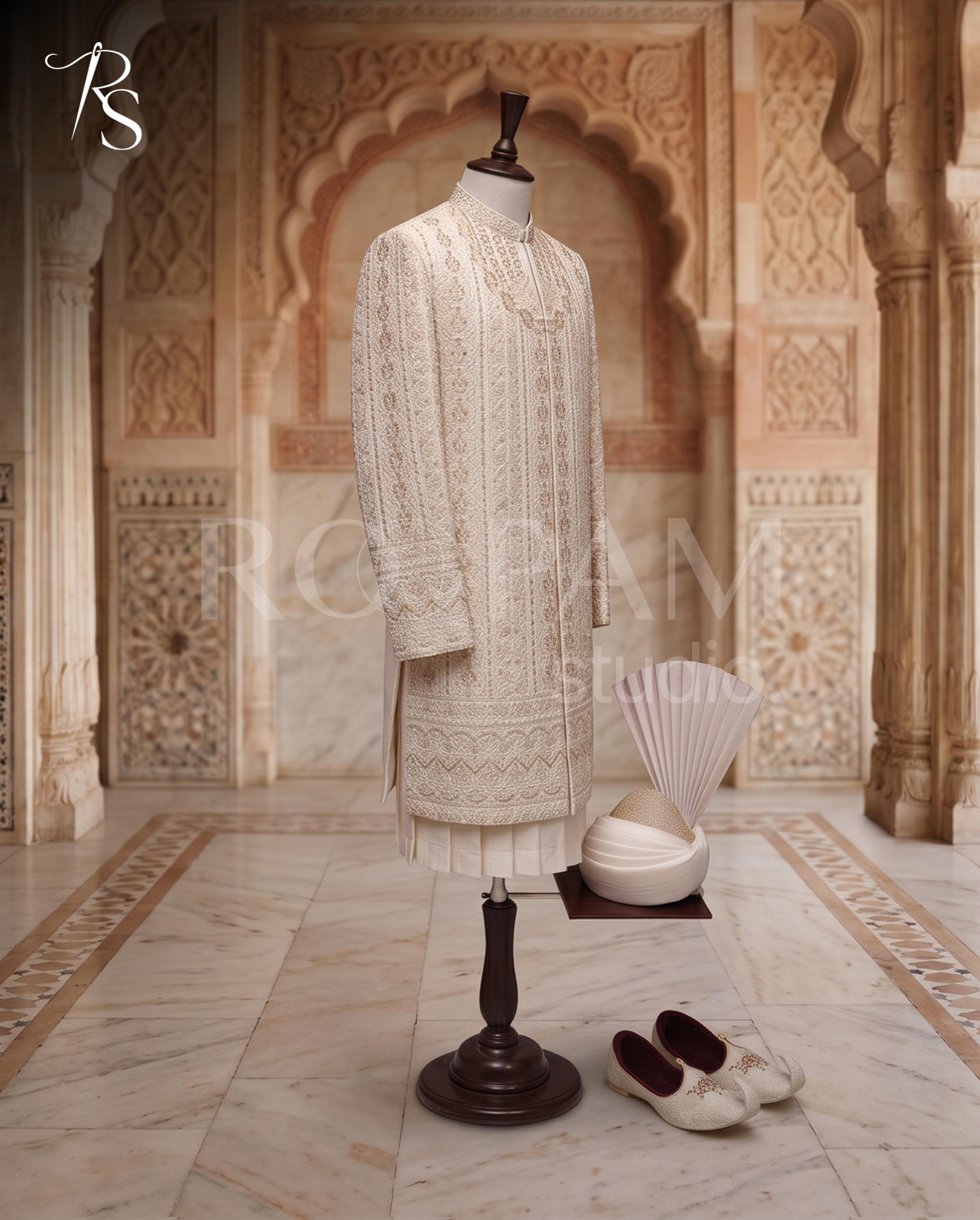 Roopam Studio Premium Cream Embellished Sherwani Set - Thumbnail 4