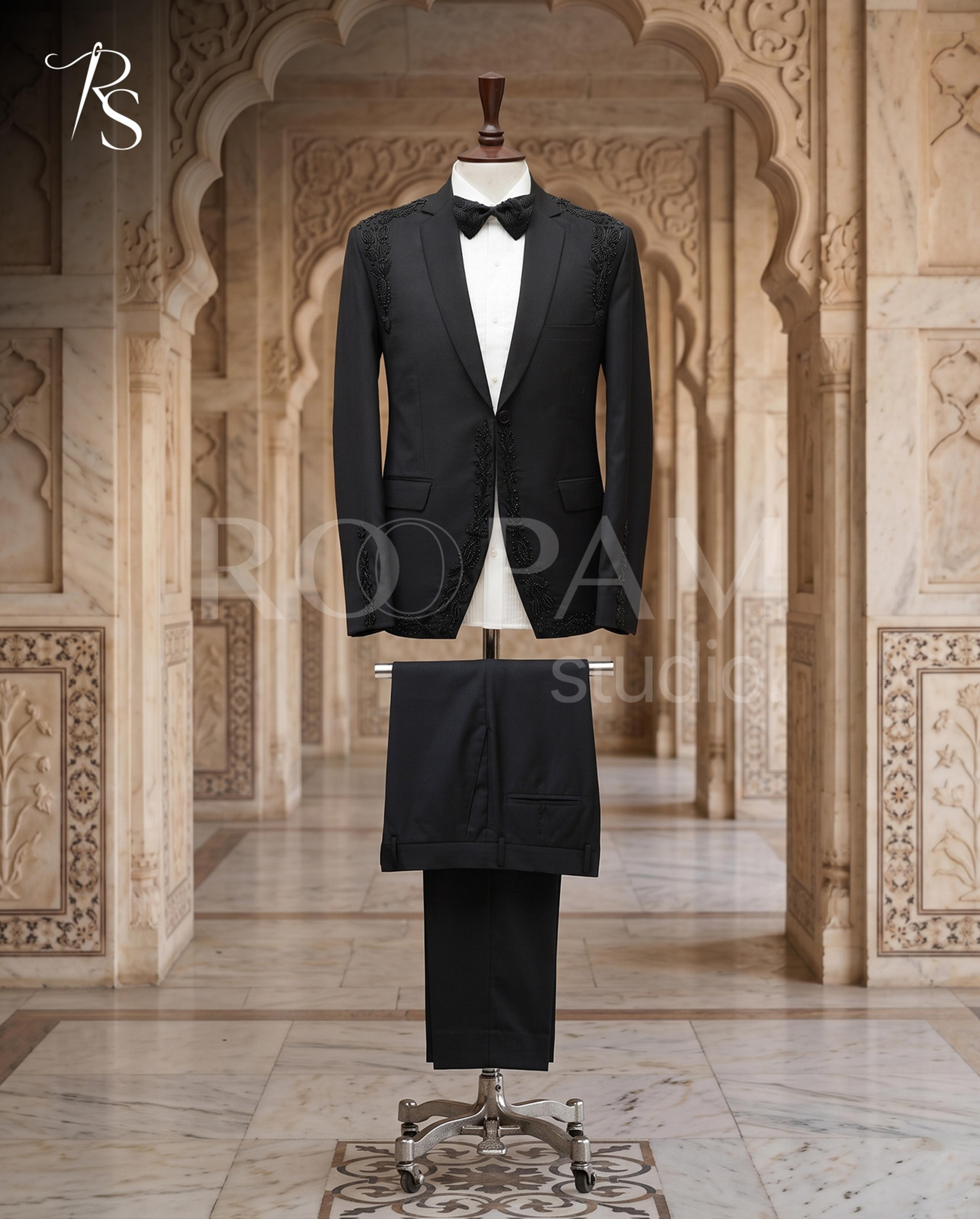 Luxury Black Symmetrical "Dual-Motif" Beaded Tuxedo Suit (2-Piece) - Thumbnail 3