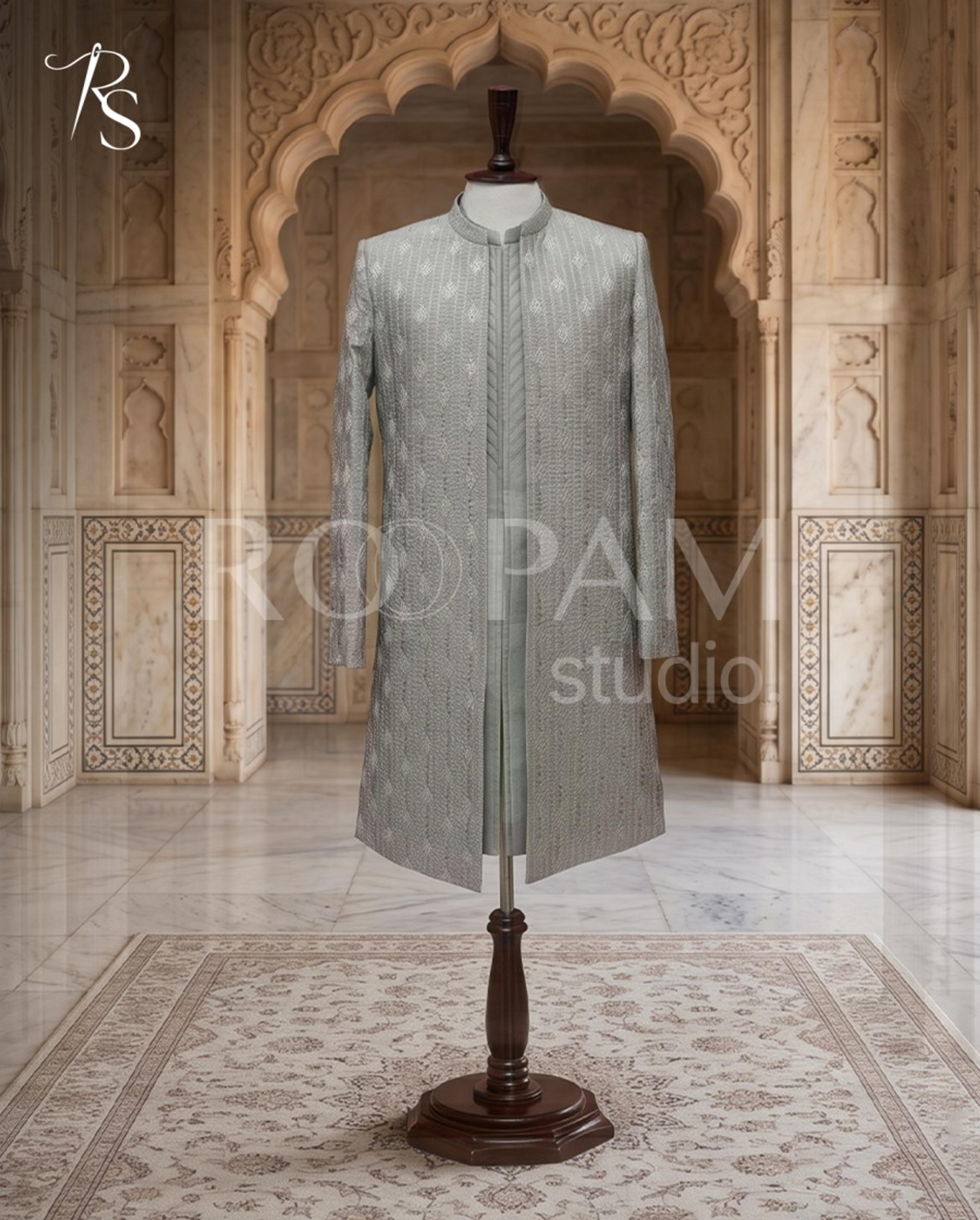 Sterling Silver Textured Diamond Groom Sherwani - Thumbnail 2