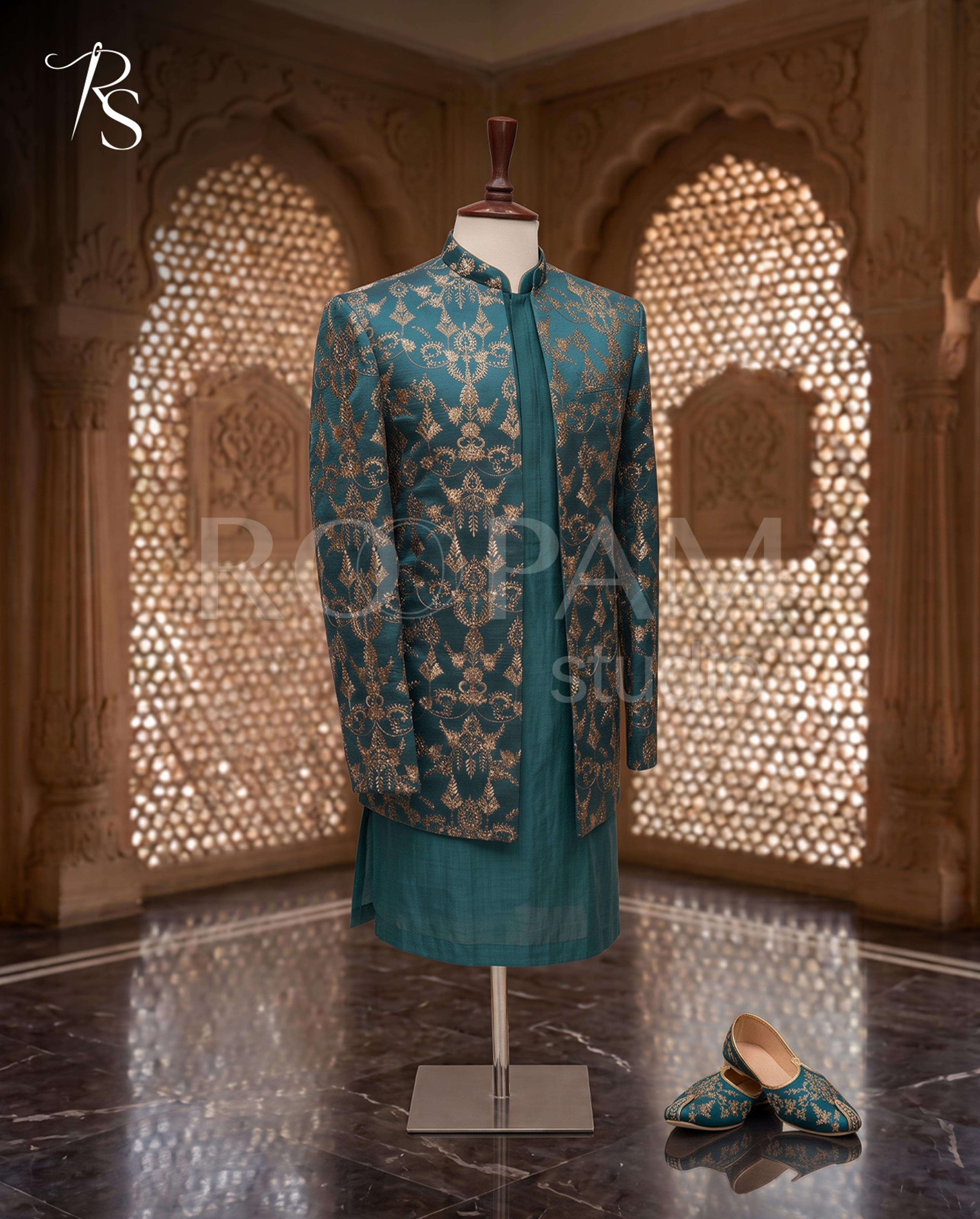 Roopam Studio Teal Green Embroidered Sherwani Set - Thumbnail 2