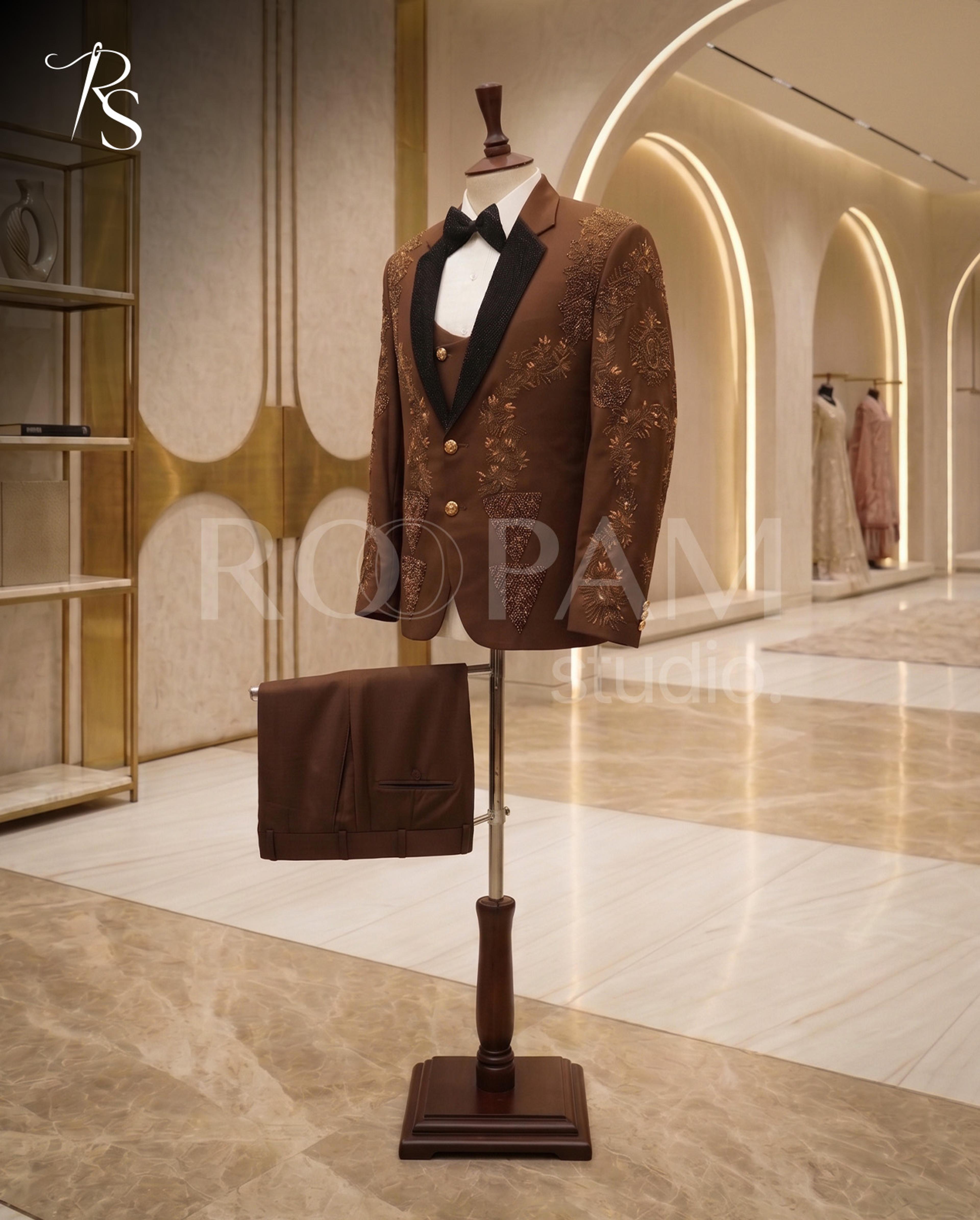 Roopam Studio Royal Embellished Brown 3-Piece Tuxedo - Thumbnail 3
