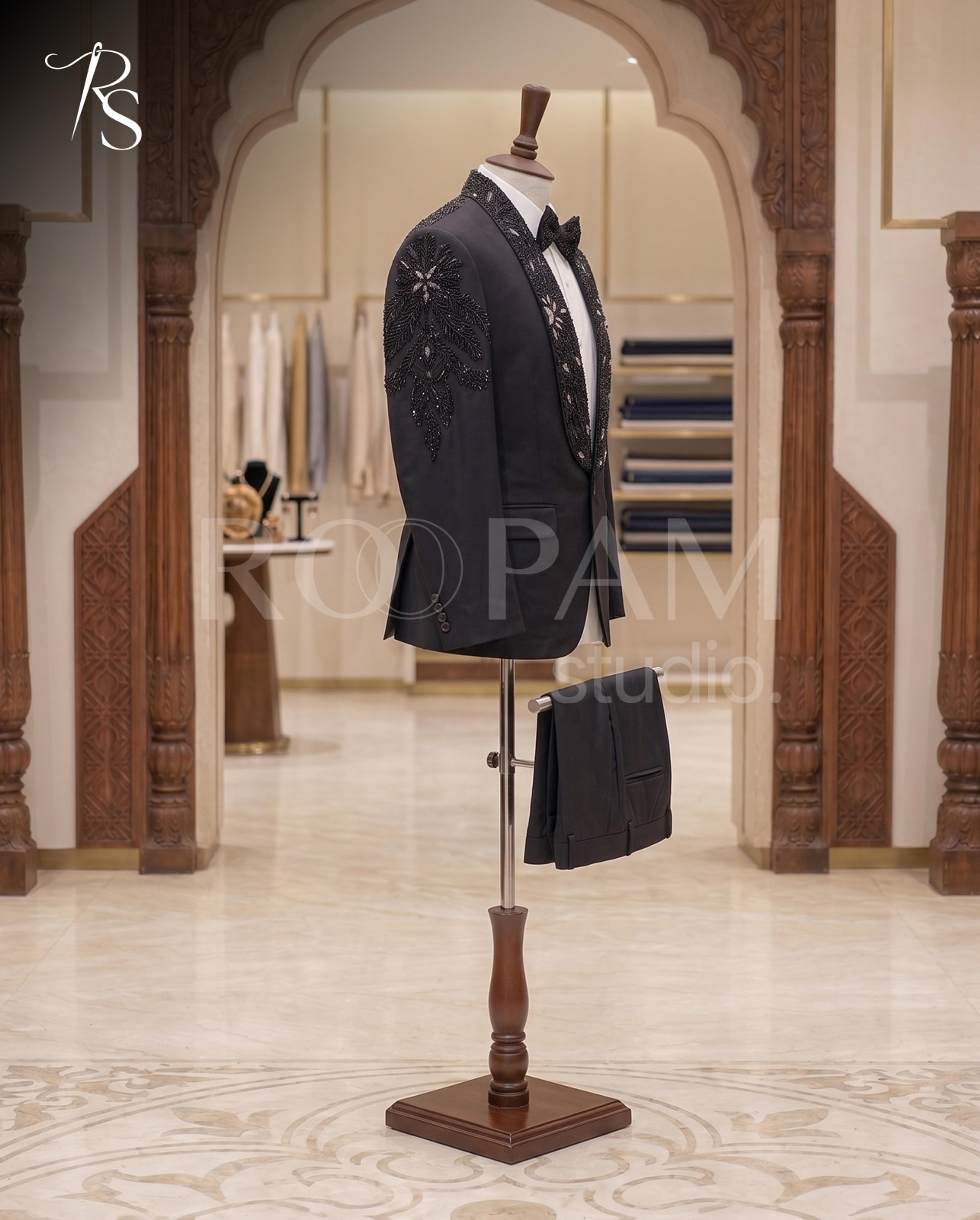 Premium Midnight Blue Embellished Tuxedo Suit - Thumbnail 3