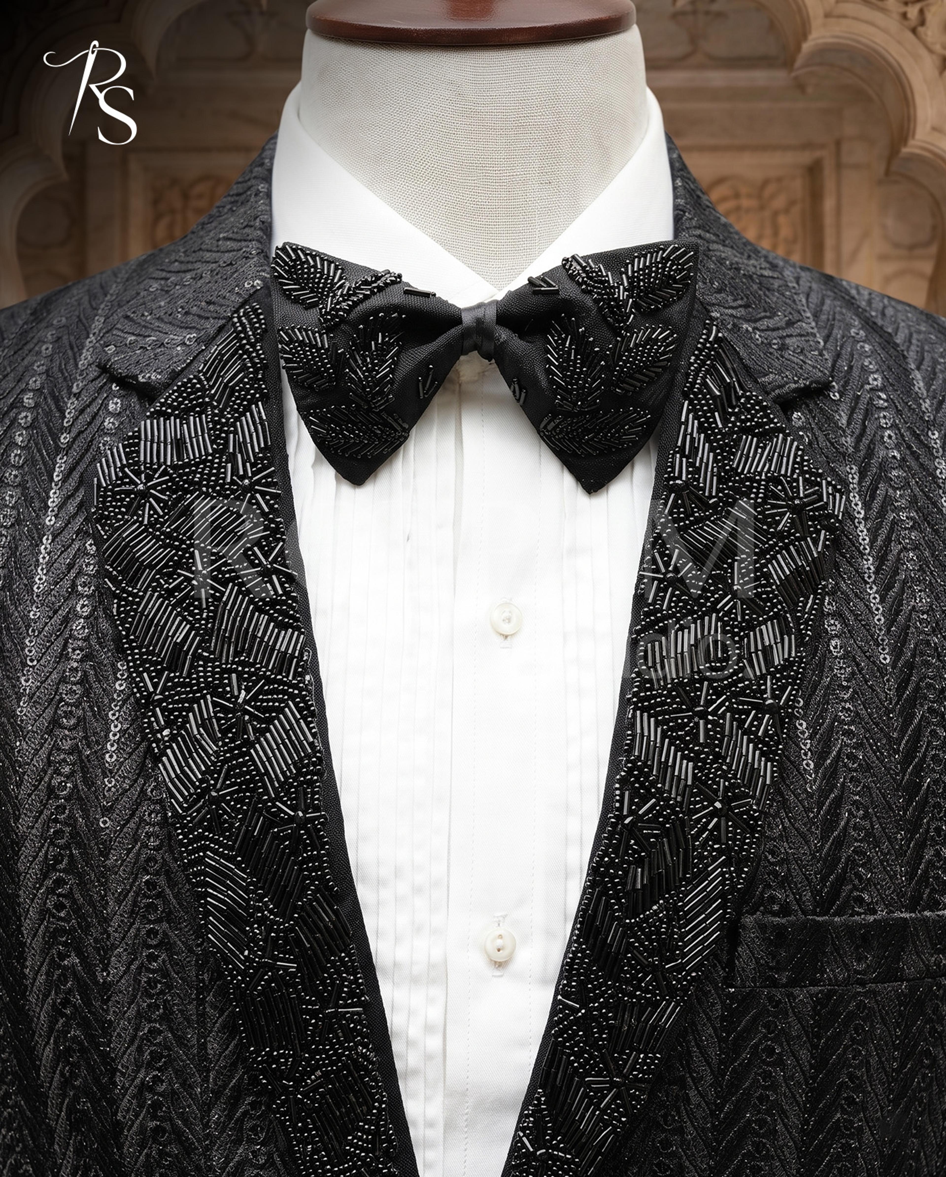 Designer Black Textured Hand-Embroidered Tuxedo Pant Coat - Thumbnail 2
