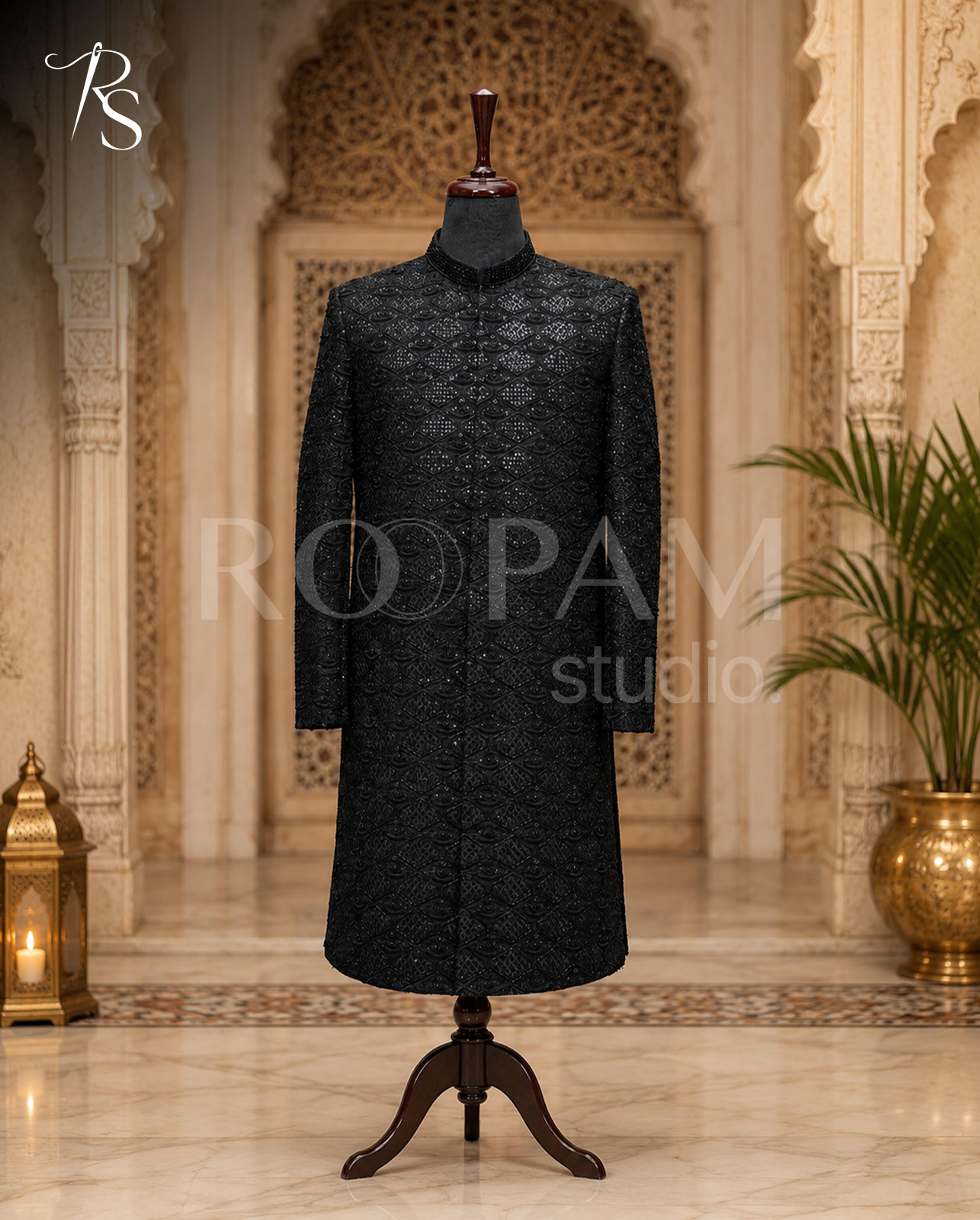 Premium All-Black Embroidered Sherwani - Thumbnail 3