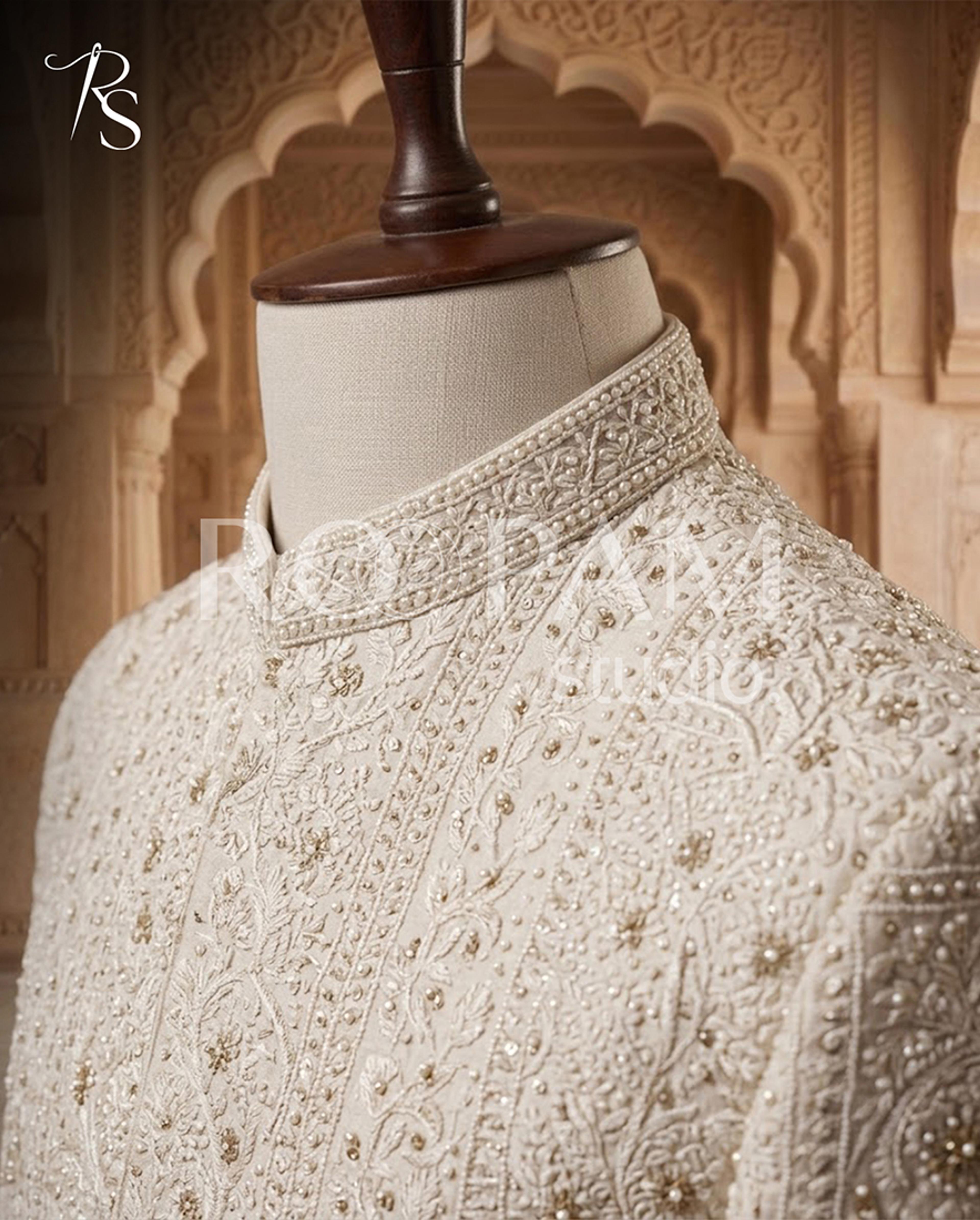 Imperial Ivory Hand-Embroidered Bandhgala Sherwani with Pearl and Sequin Accents - Thumbnail 4