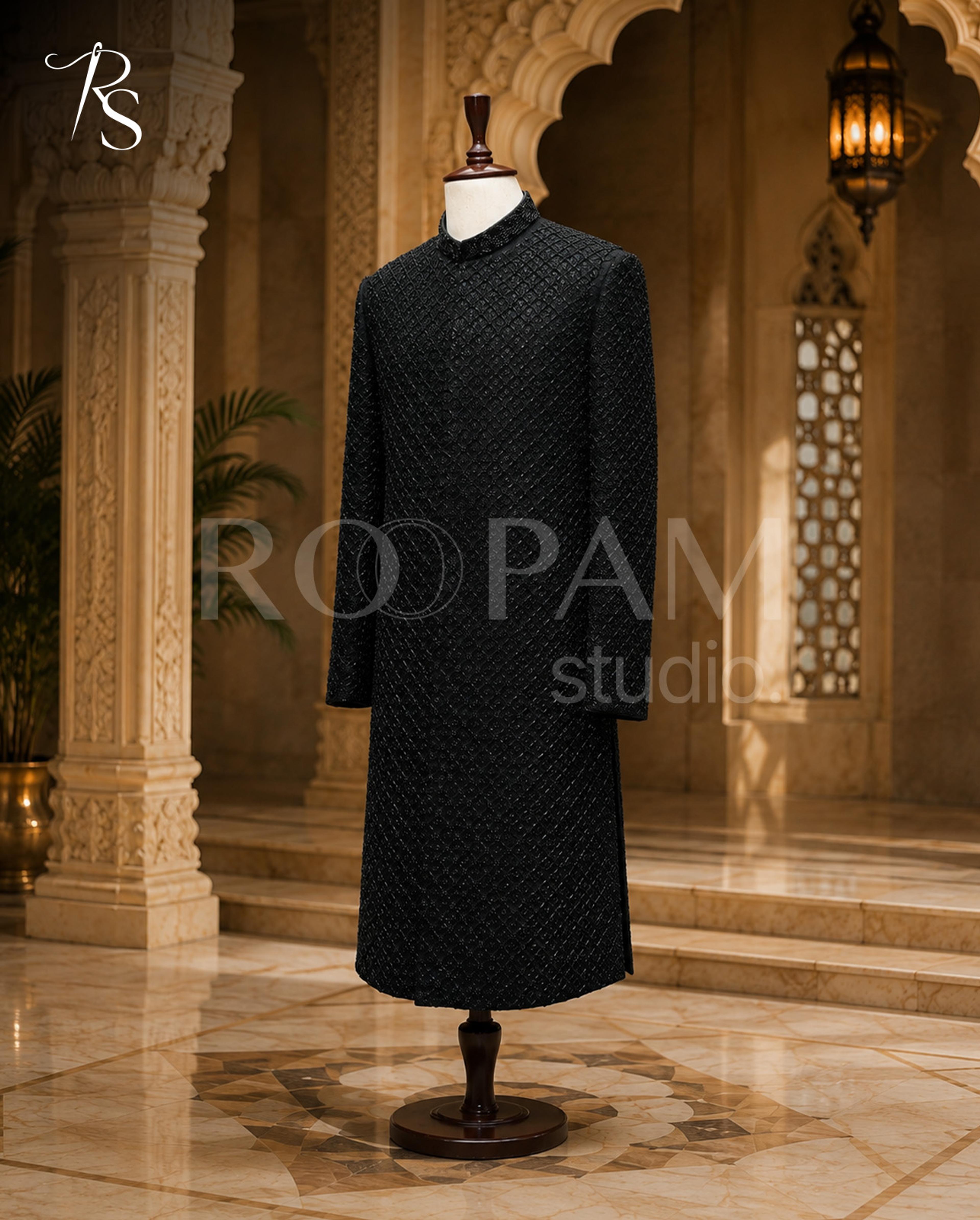 Premium Black Beaded Embroidered Sherwani - Thumbnail 1