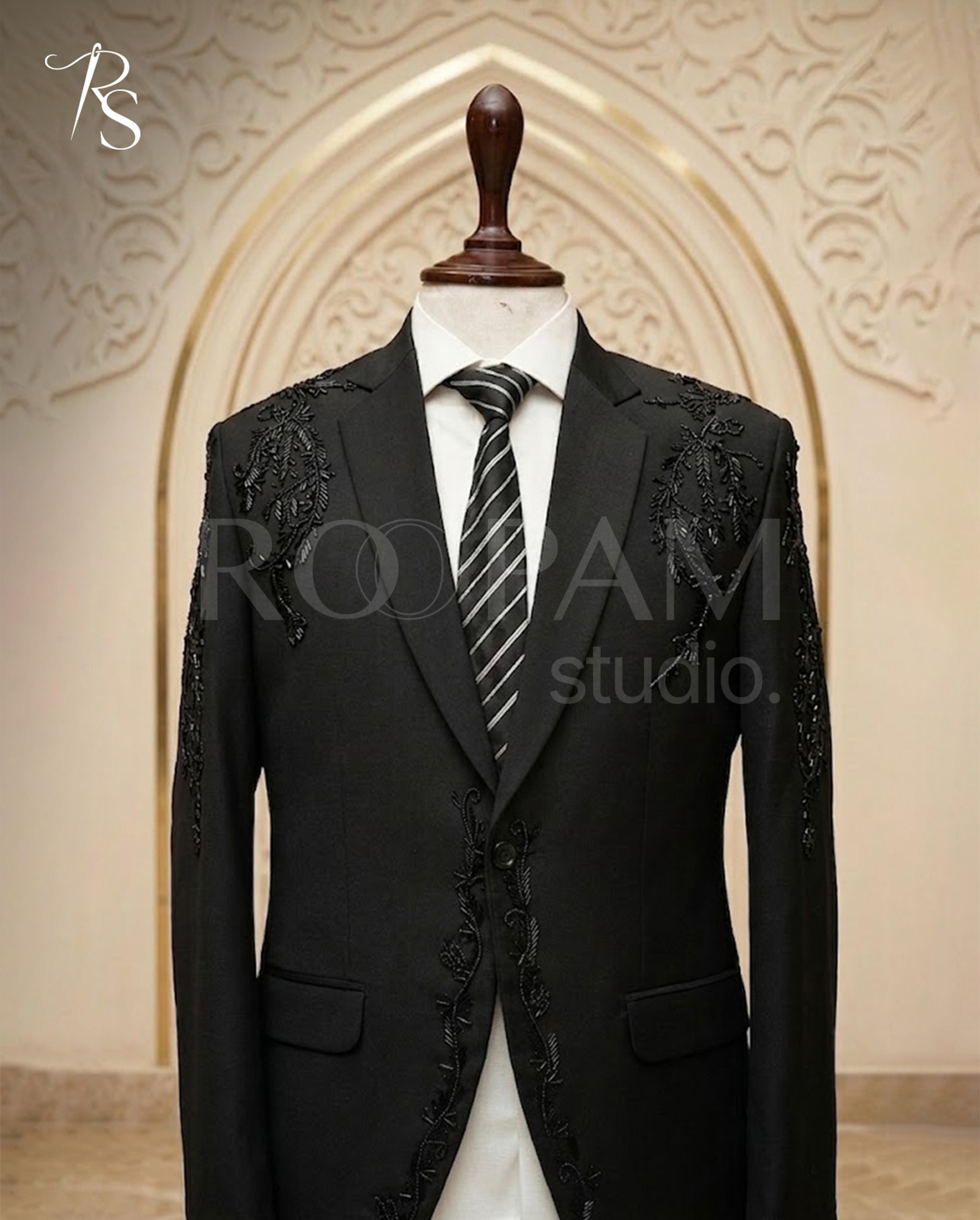 Premium Black Floral Vine Hand-Embellished Designer Suit (2-Piece)