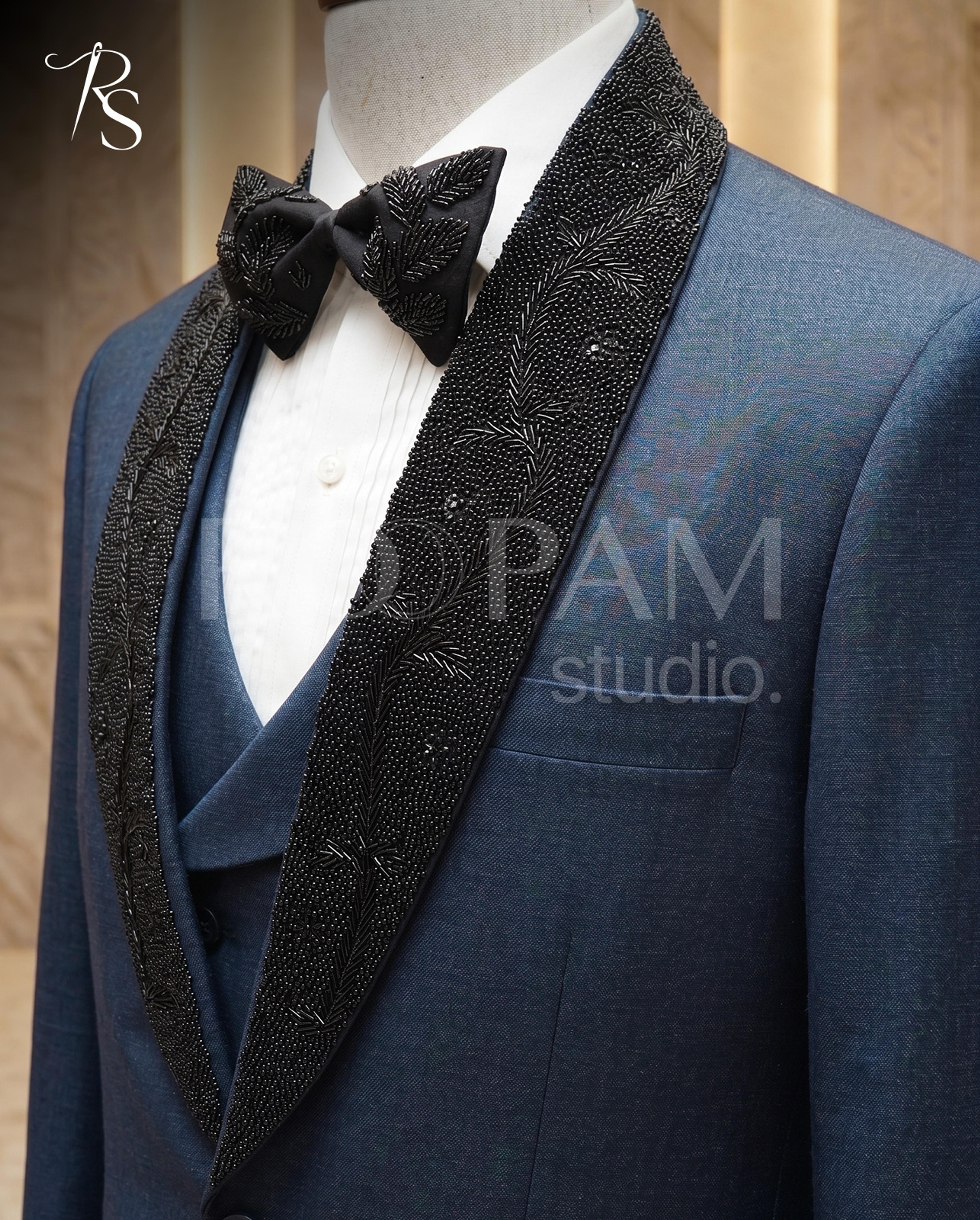 Navy Blue Tuxedo with Custom Black Beaded Lapel & Bow Tie - Thumbnail 2