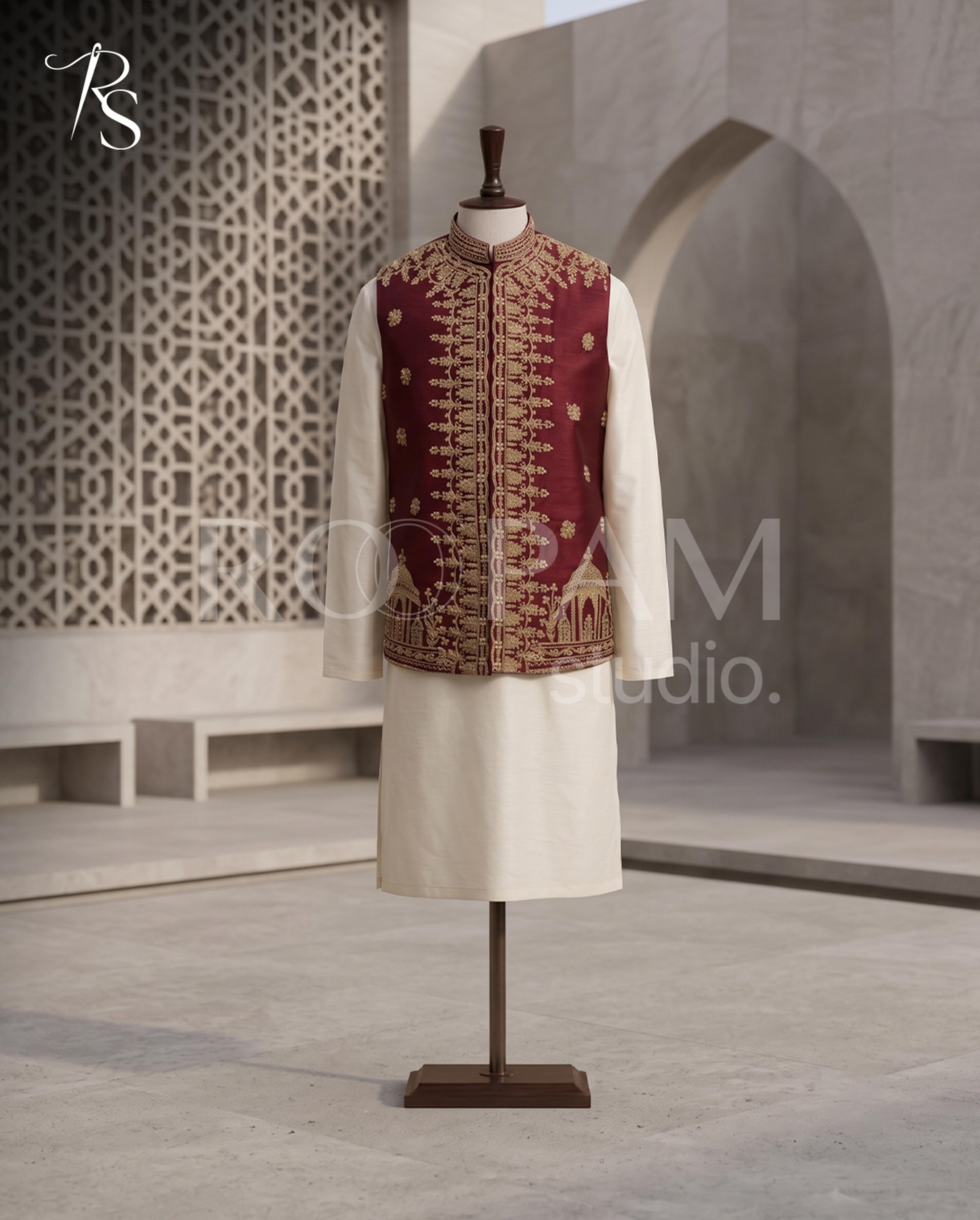 Royal Maroon & Gold Embroidered Waistcoat - Thumbnail 1