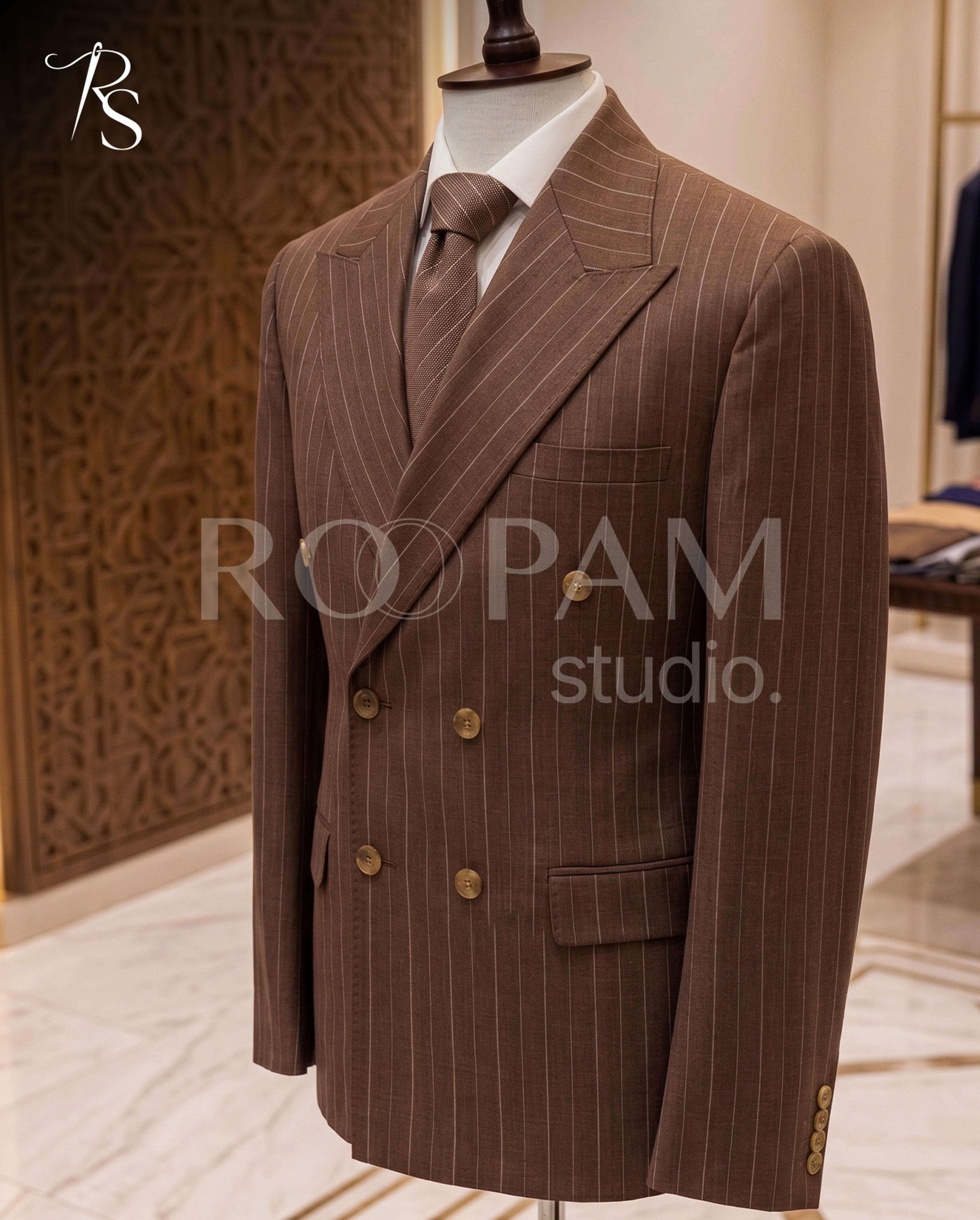 Premium Brown Pinstripe Double-Breasted Suit (2-Piece) - Thumbnail 2