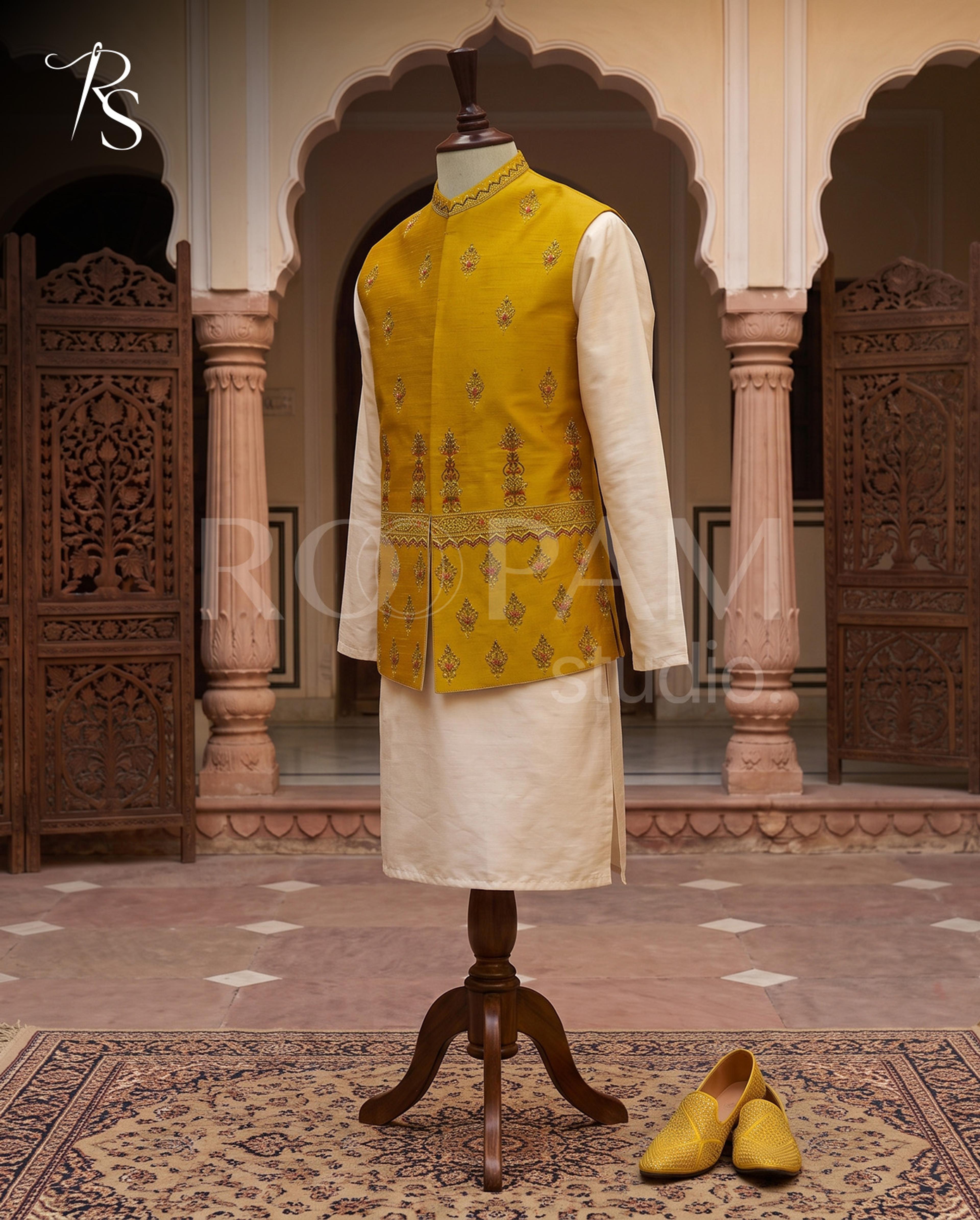 Roopam Studio Luxury Mustard Embroidered Waistcoat - Thumbnail 3