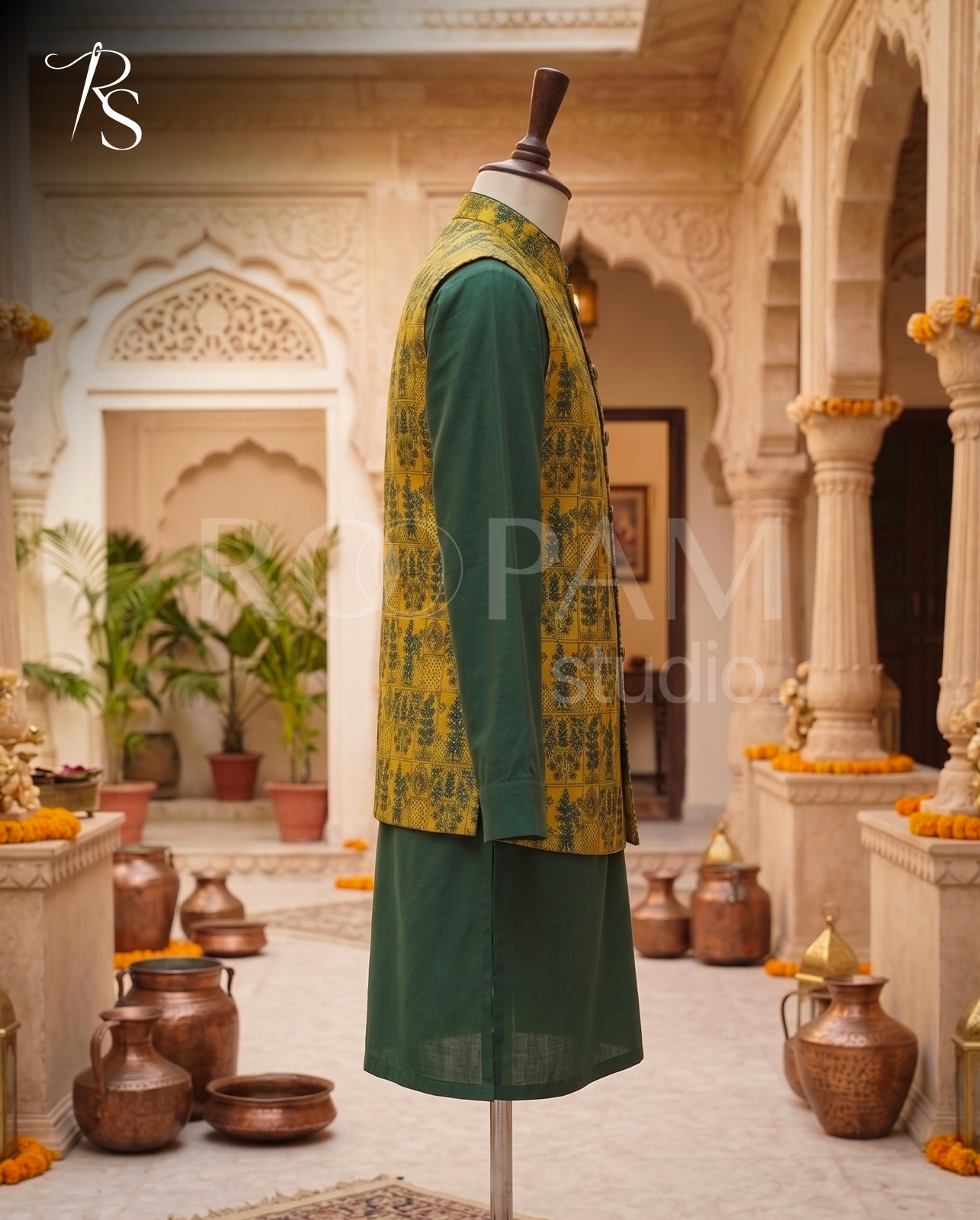 Roopam Studio Printed Yellow Luxury Waistcoat - Thumbnail 4