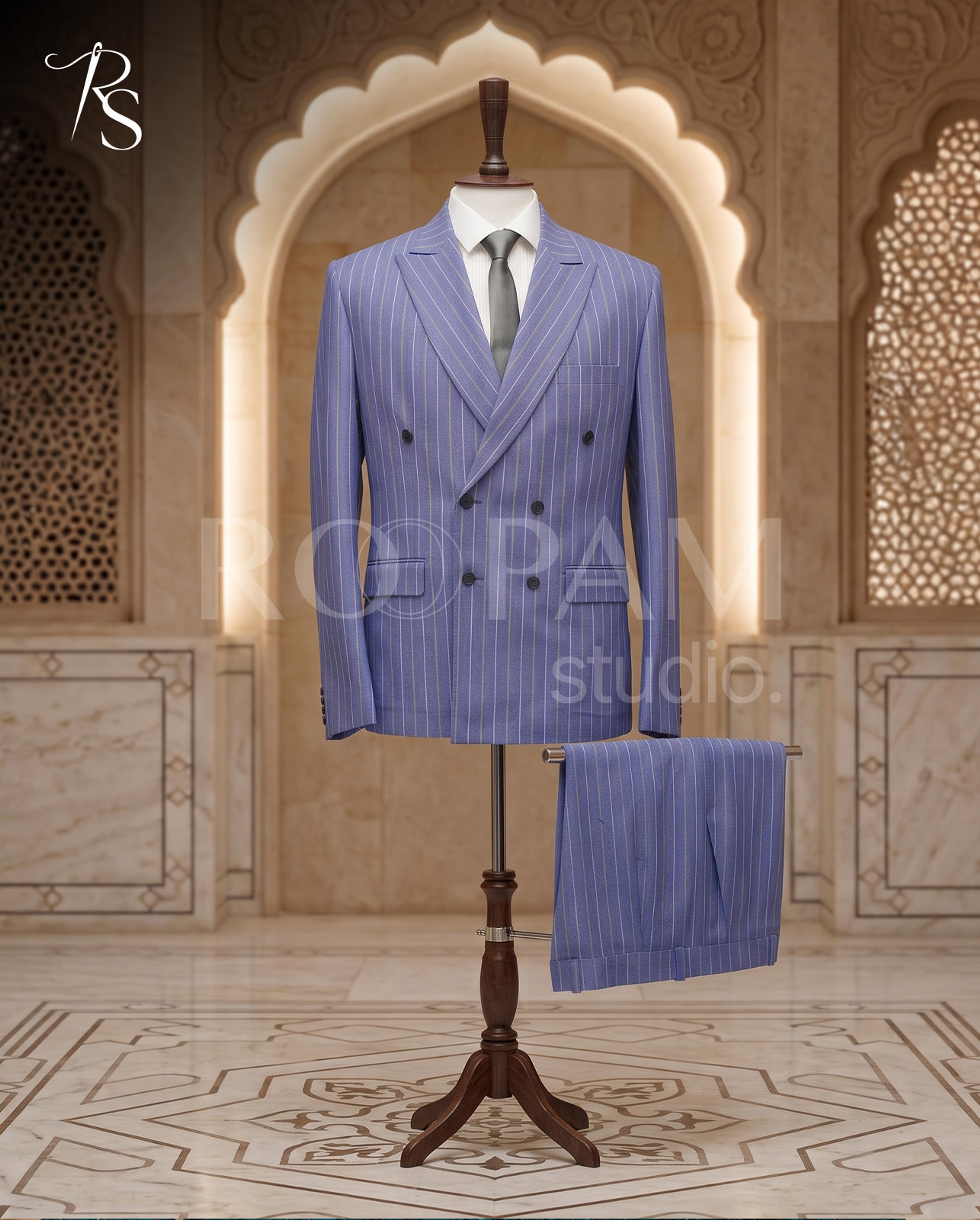 Premium French Blue Pinstripe Double-Breasted Suit (2-Piece)