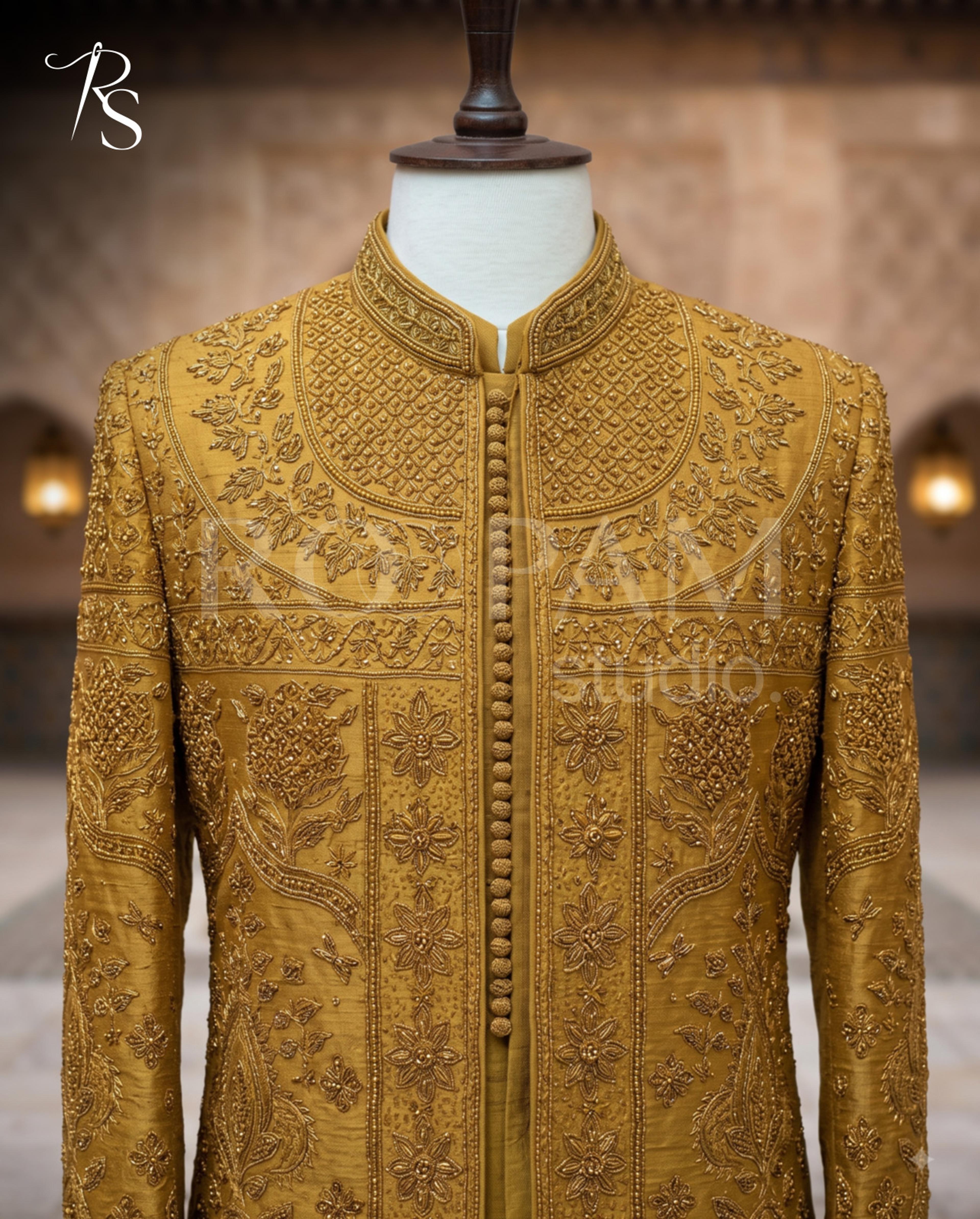 Premium Mustard Gold Heavily Embroidered Open Prince Coat - Thumbnail 2