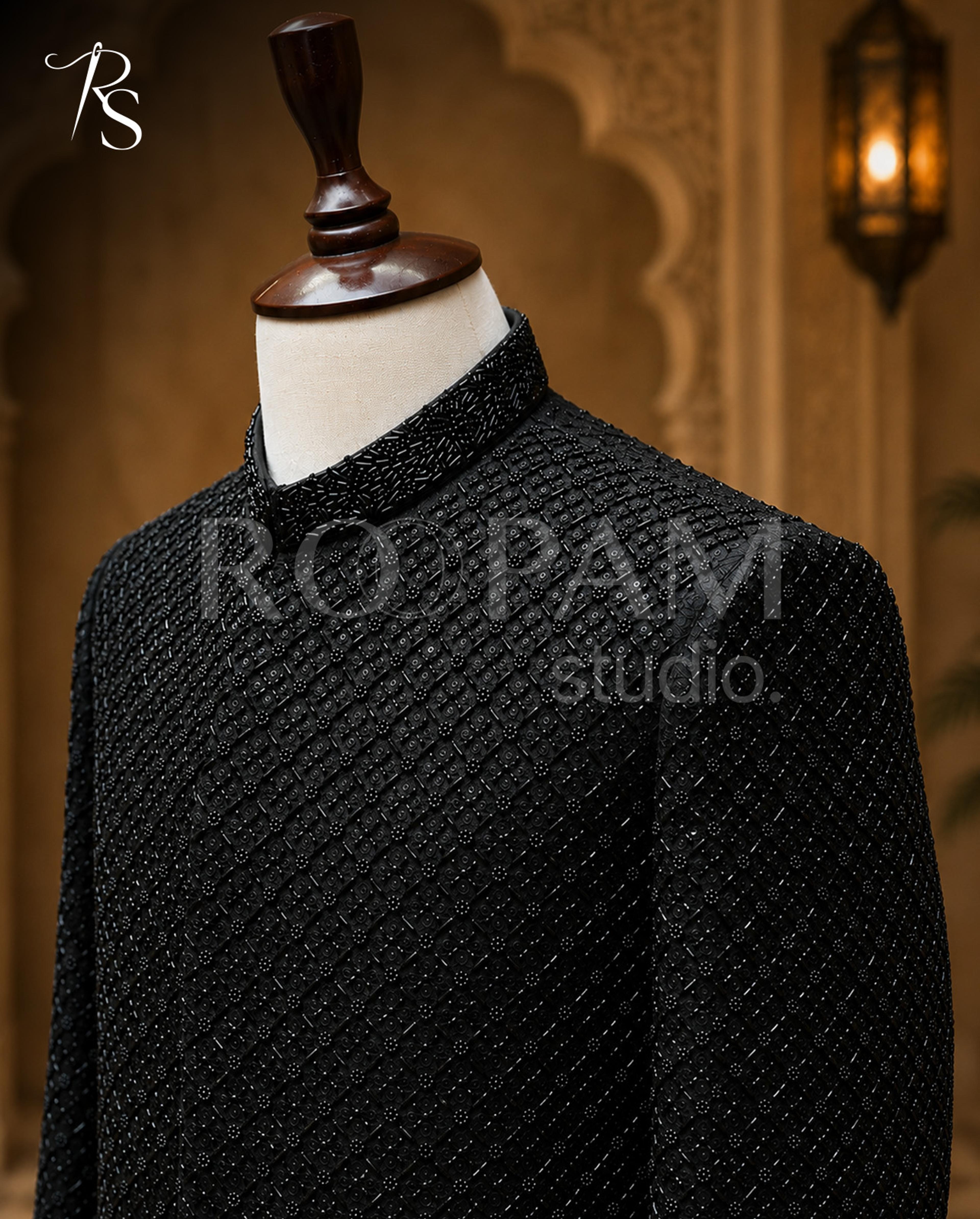 Premium Black Beaded Embroidered Sherwani - Thumbnail 3