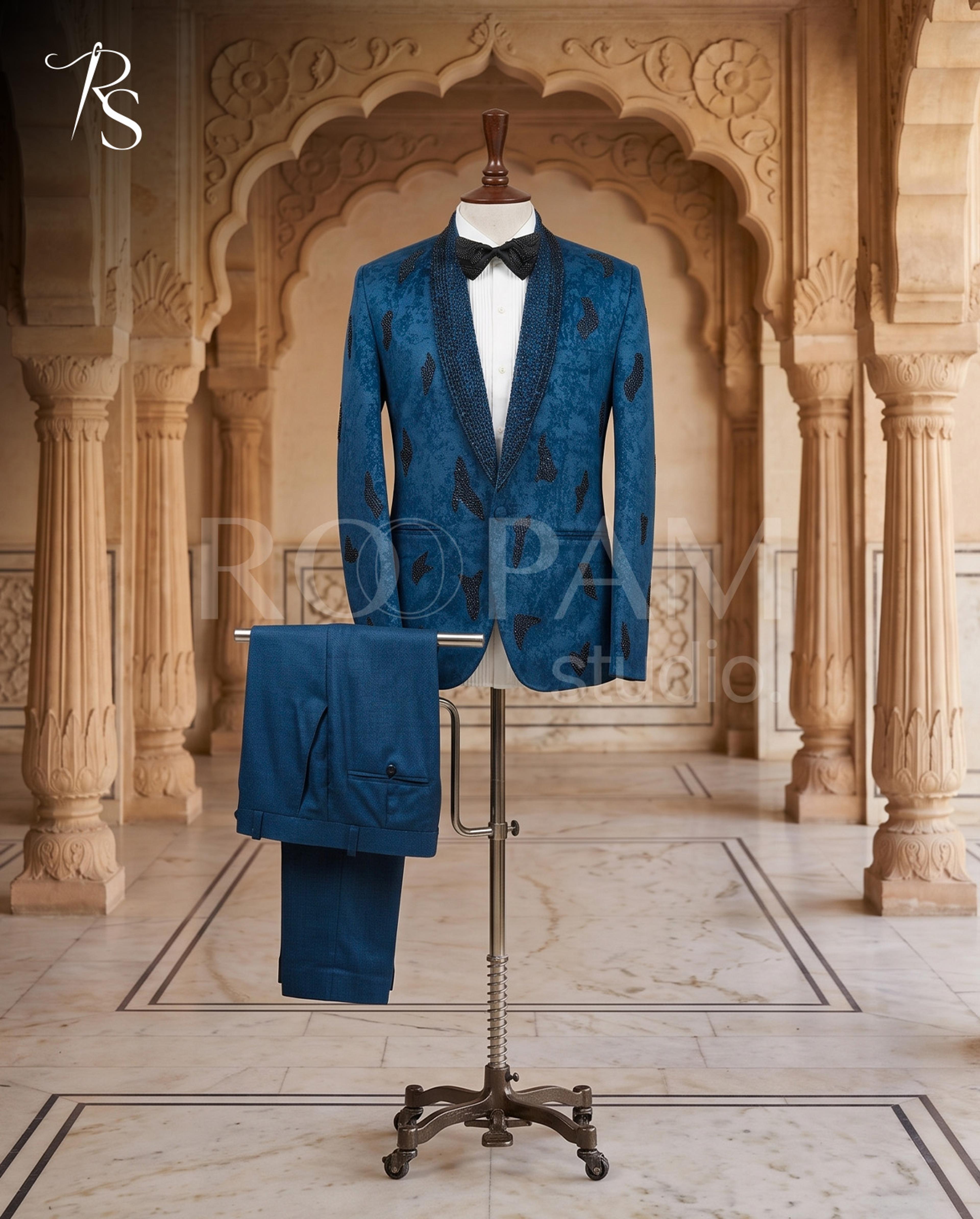 Designer Blue Hand-Work Tuxedo Pant Coat - Thumbnail 2