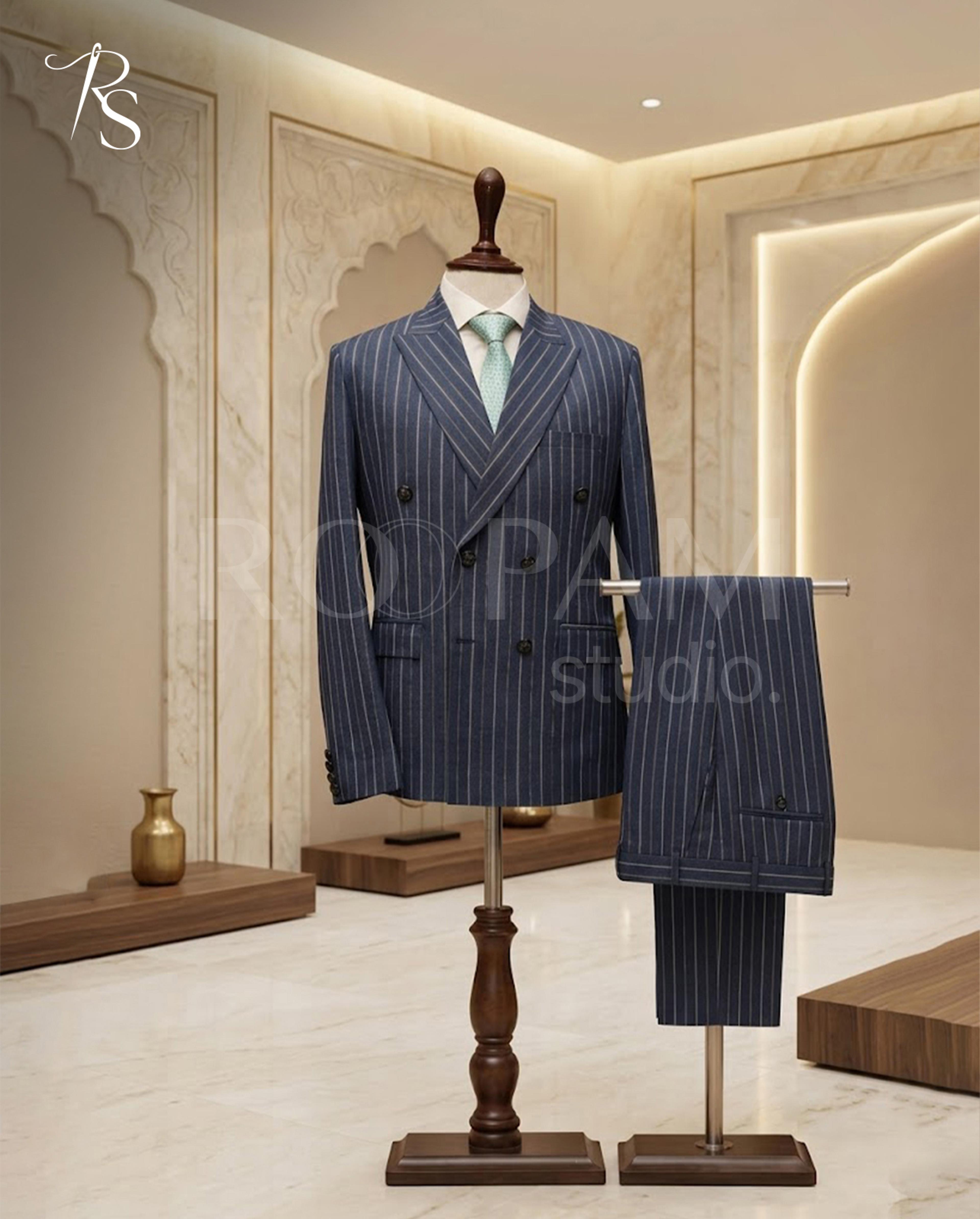 Premium Navy Blue Pinstripe Double-Breasted Suit (2-Piece) - Thumbnail 1
