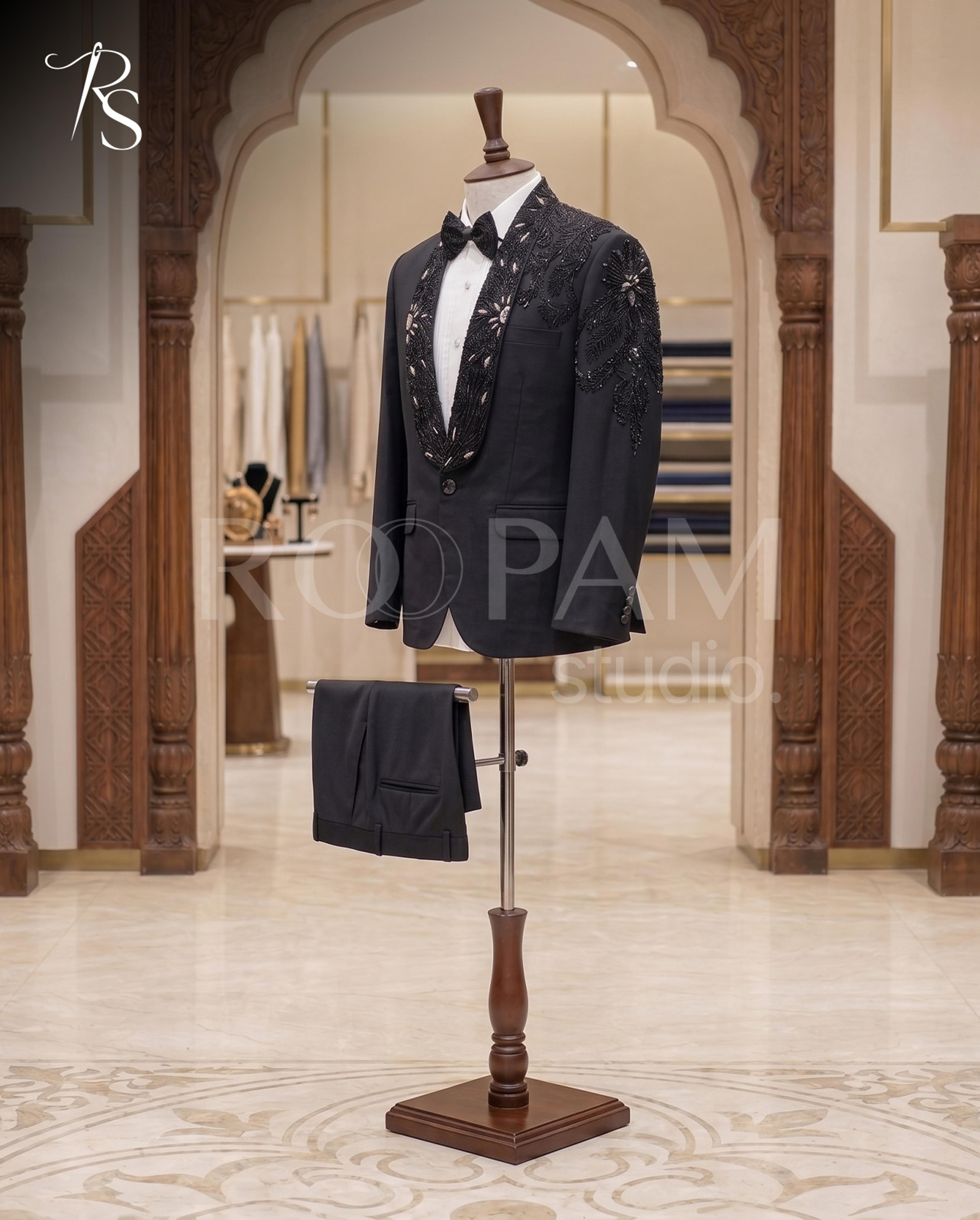Premium Midnight Blue Embellished Tuxedo Suit - Thumbnail 2