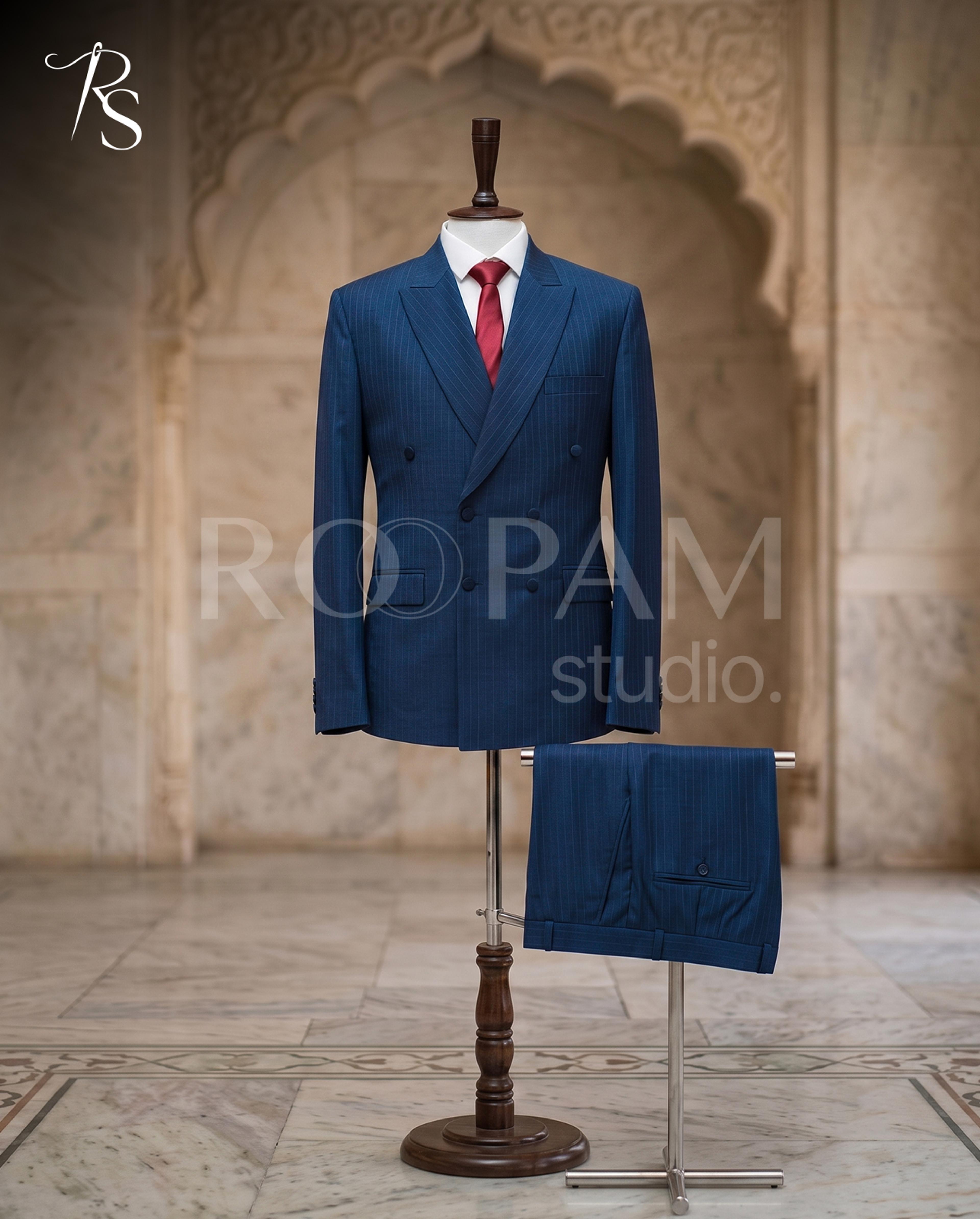 Premium Navy Blue Pinstripe Double-Breasted Suit (2-Piece) - Thumbnail 2