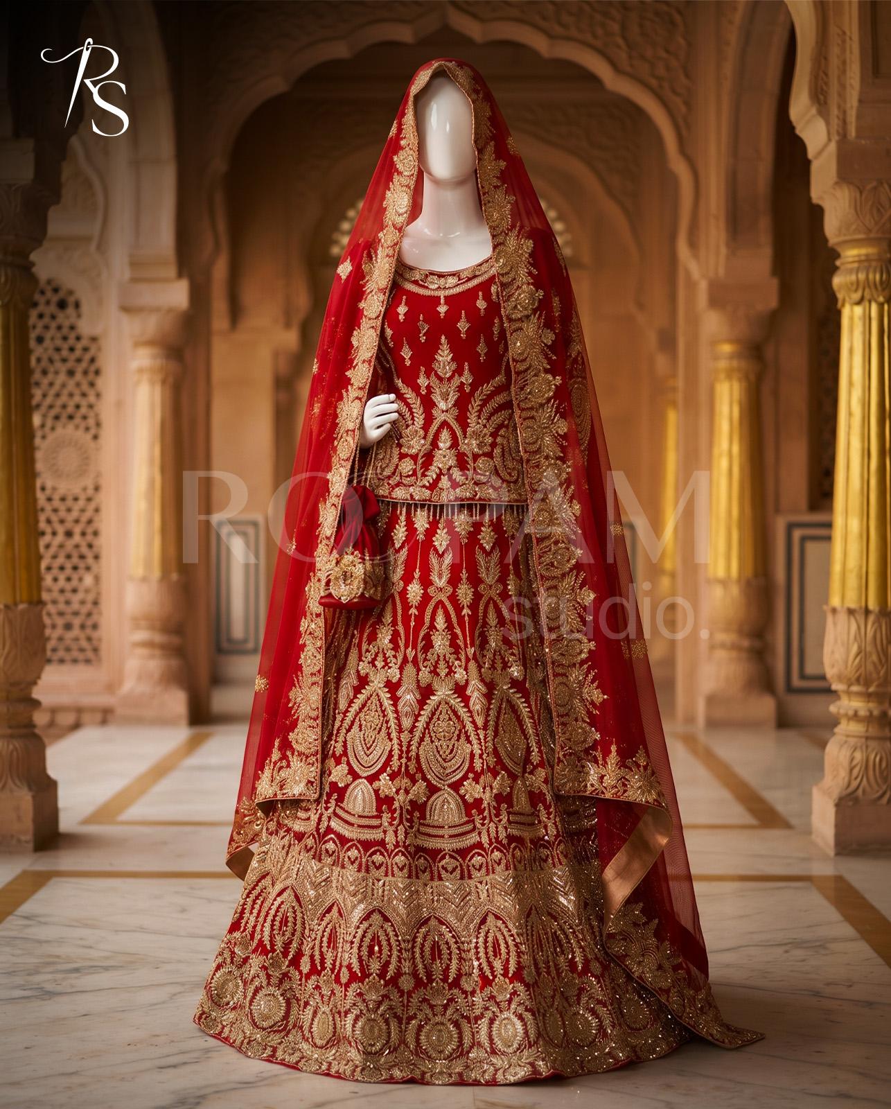 Royal Crimson Zardozi Bridal Lehenga Ensemble - Image 1