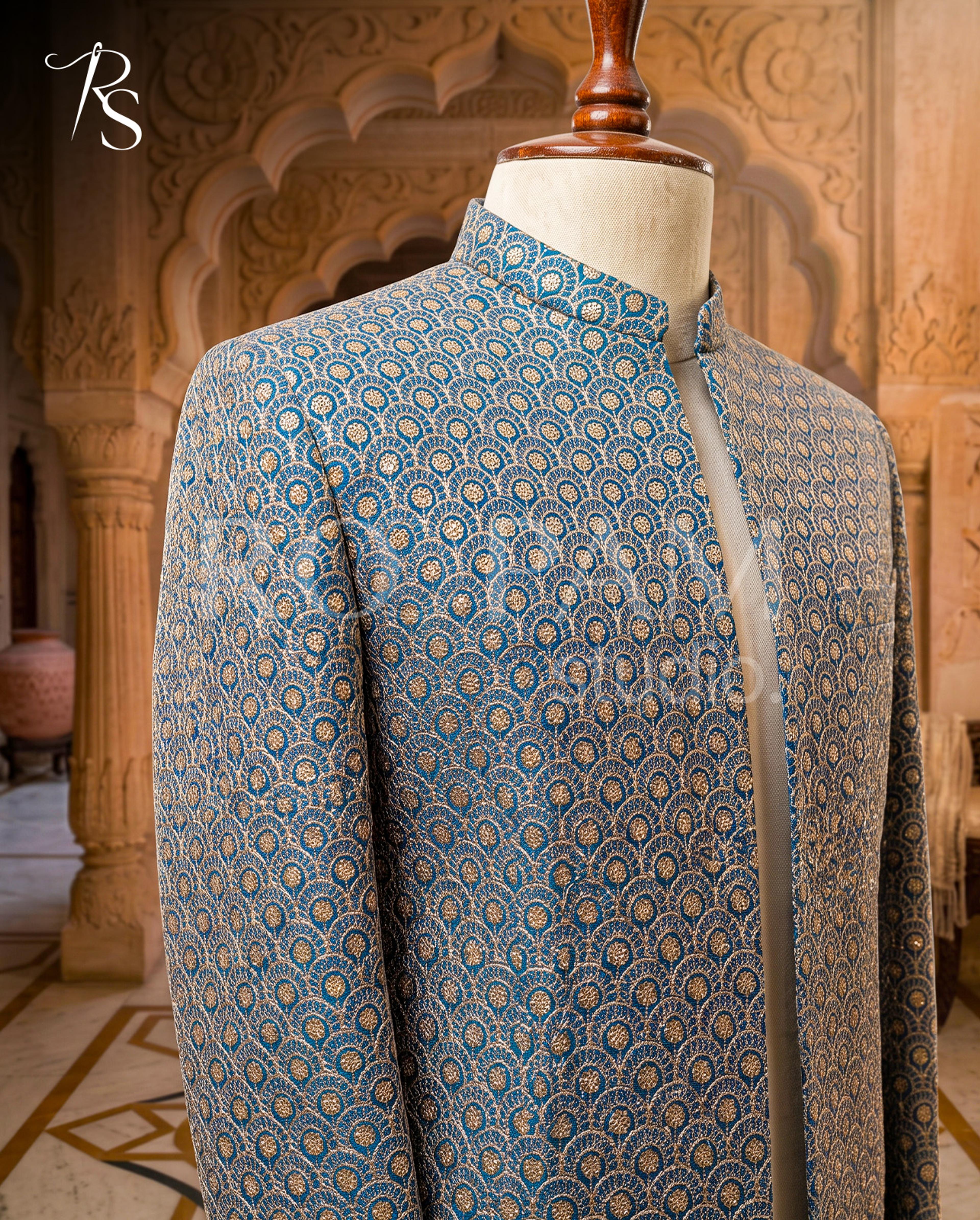 Luxury Royal Blue Scalloped Arch Embroidered Prince Coat - Thumbnail 1