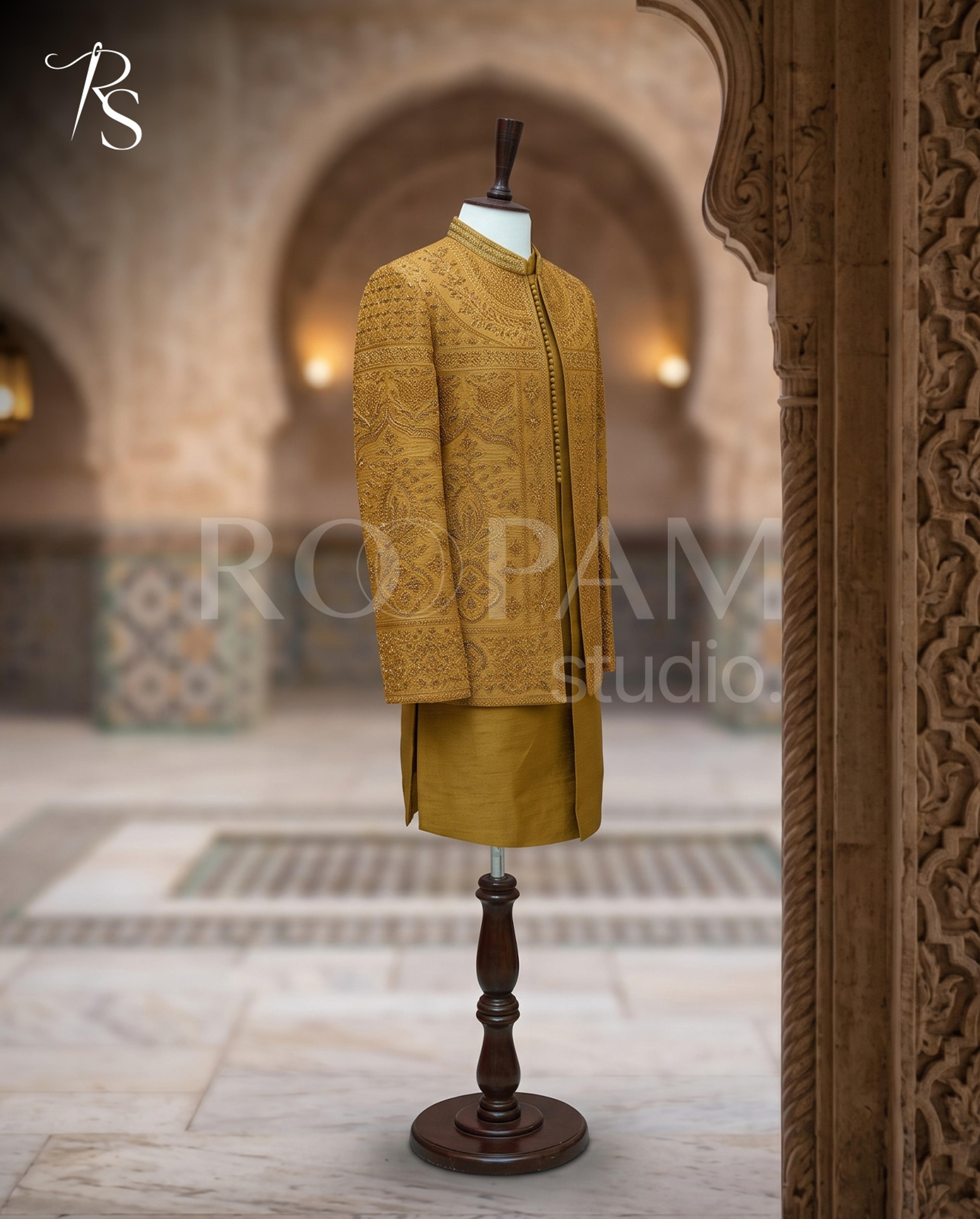 Premium Mustard Gold Heavily Embroidered Open Prince Coat
