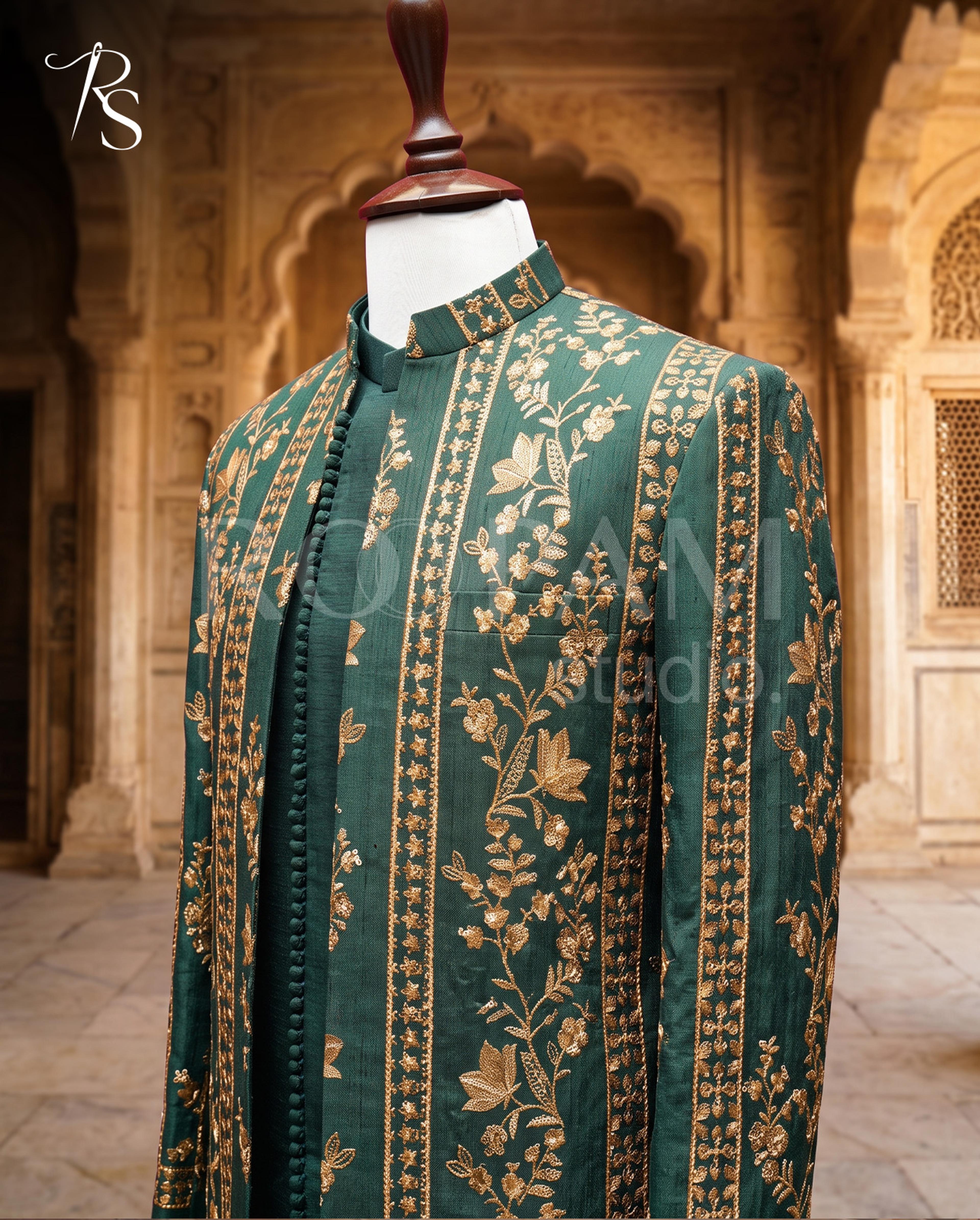 Roopam Studio Emerald Green Gold Embroidered Sherwani Set - Thumbnail 3