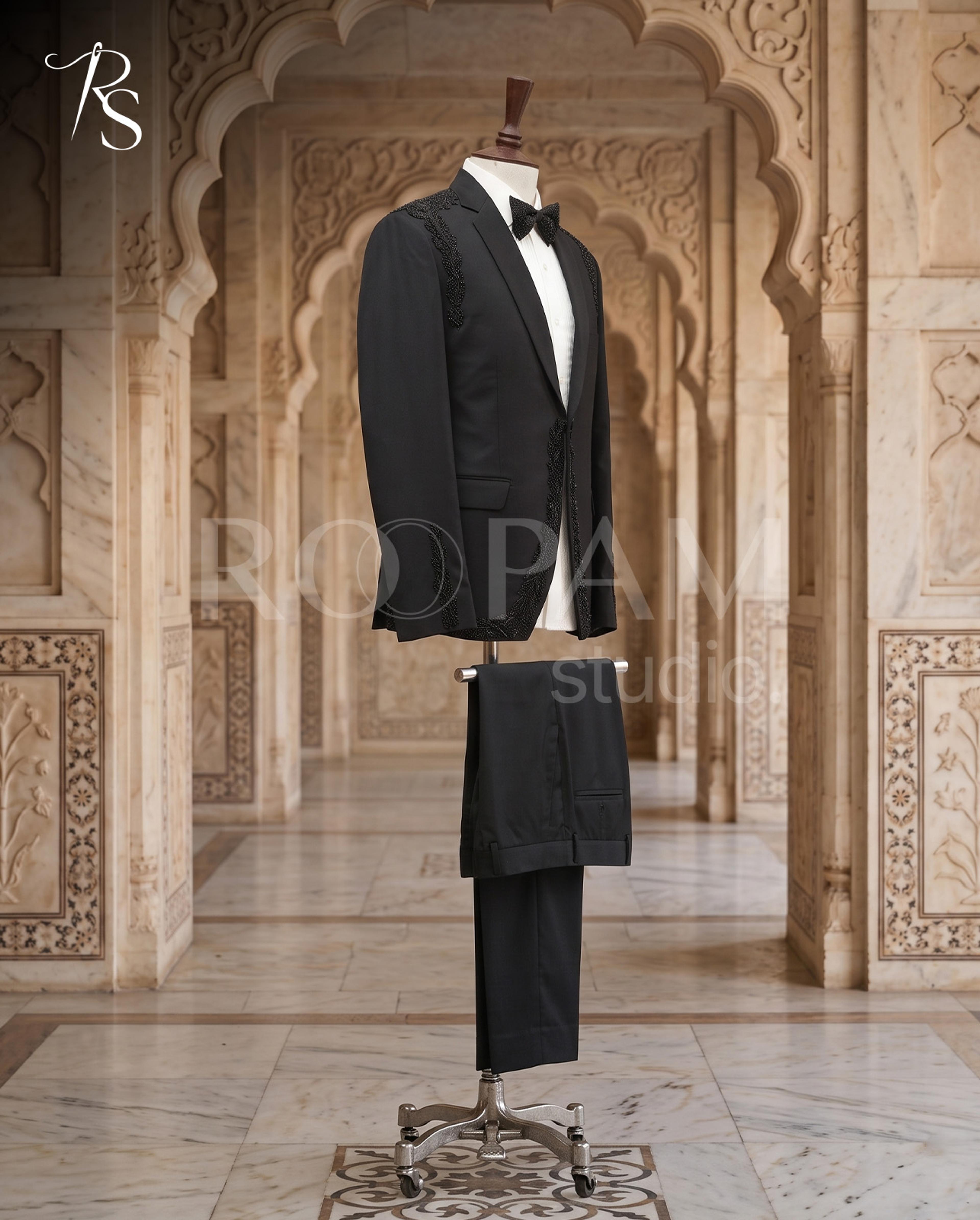 Luxury Black Symmetrical "Dual-Motif" Beaded Tuxedo Suit (2-Piece) - Thumbnail 2