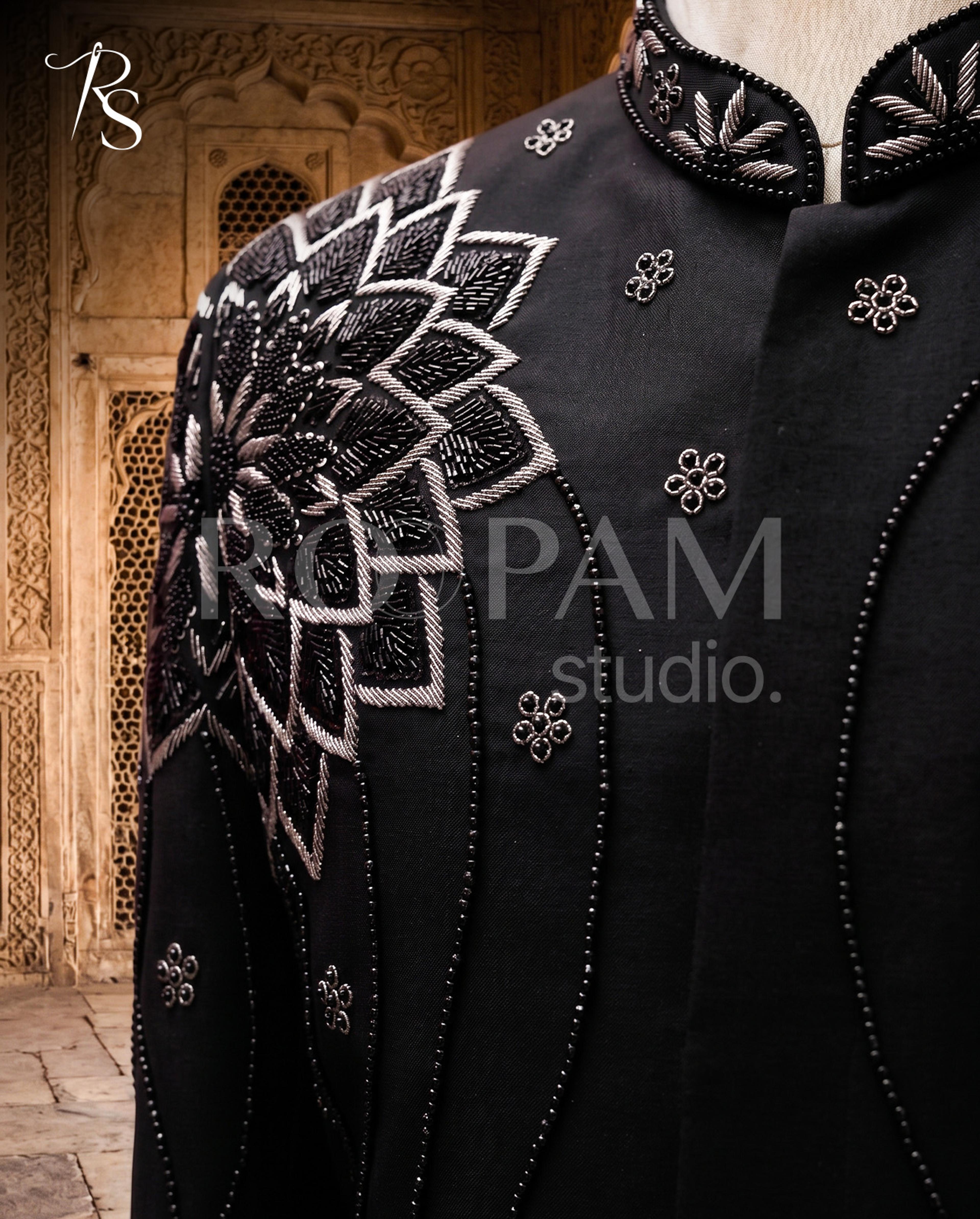 Luxury Jet Black Silver Lotus Embroidered Short Sherwani (Complete Groom Package) - Thumbnail 2