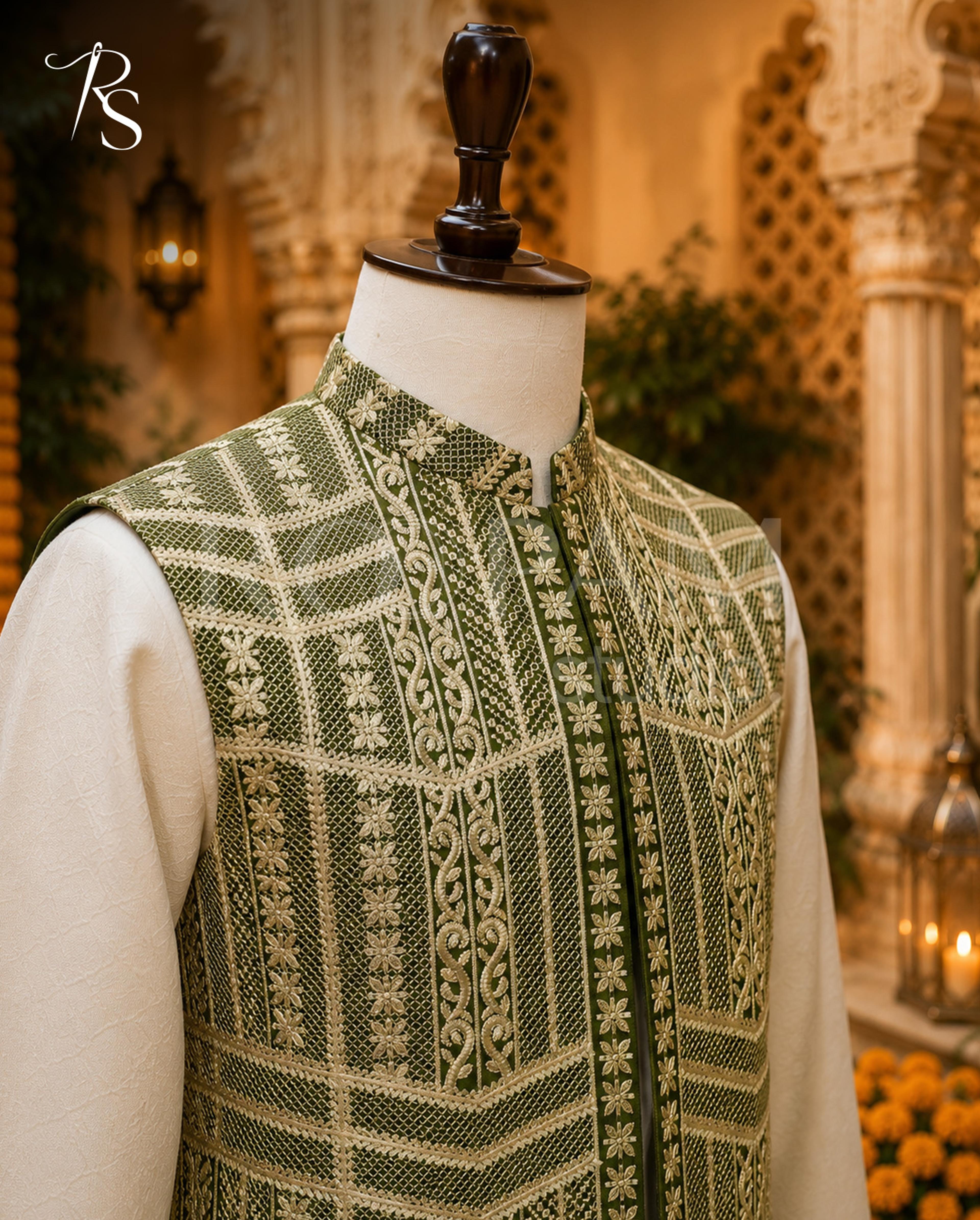 Premium Olive Green Geometric Embroidered Waistcoat