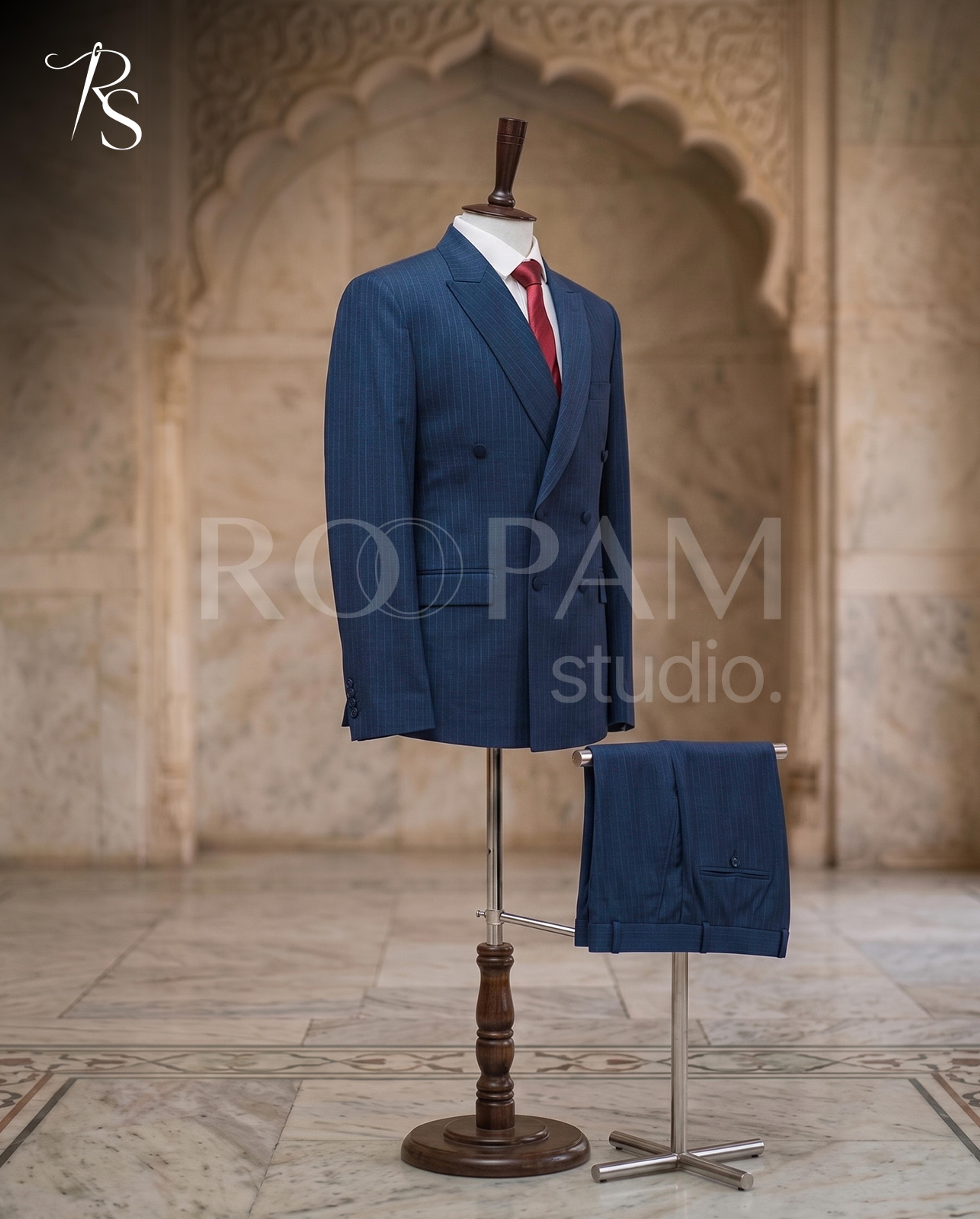 Premium Navy Blue Pinstripe Double-Breasted Suit (2-Piece) - Thumbnail 1