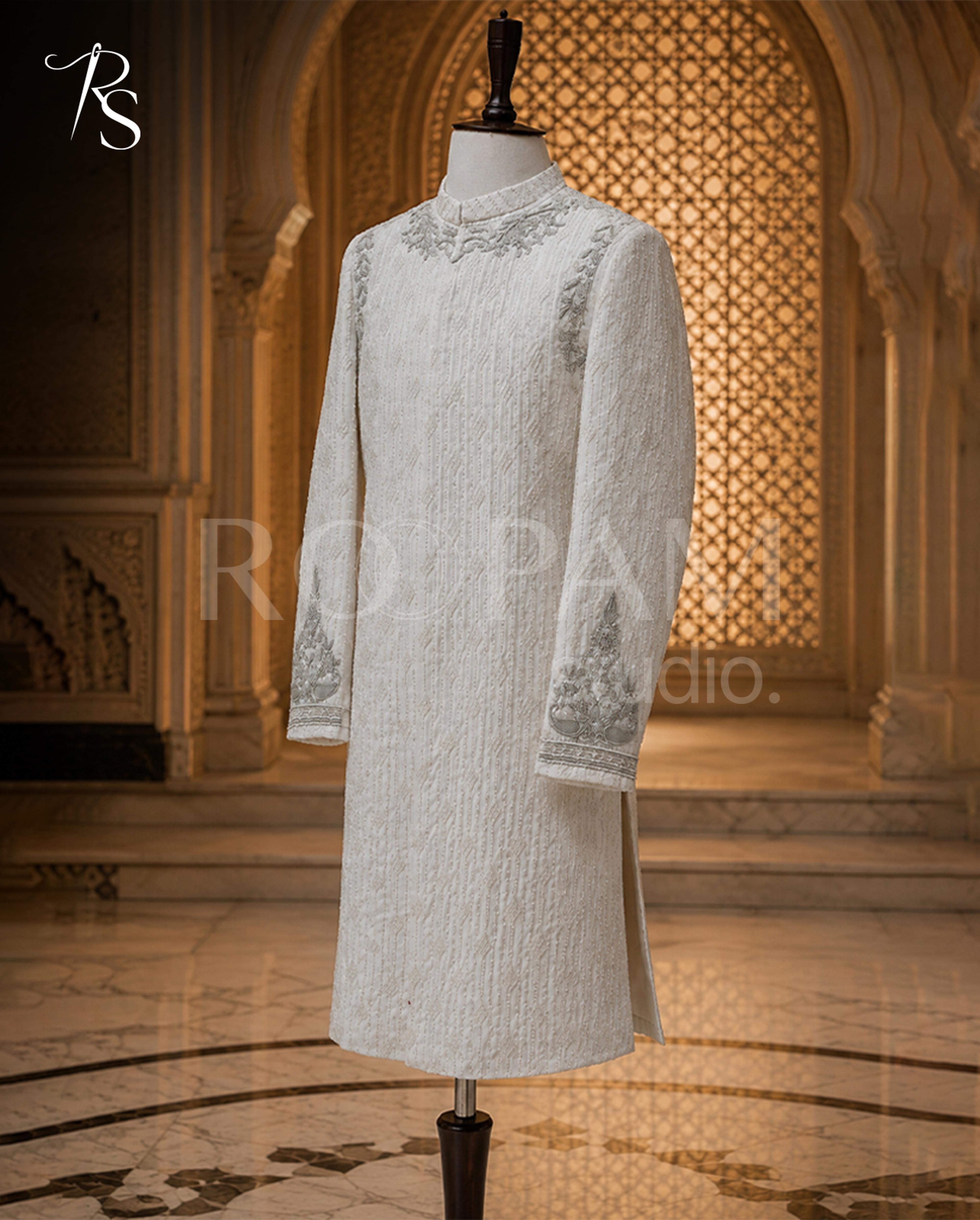 Designer Ivory Long Sherwani with Silver Accents and Pearl Embroidery - Thumbnail 4