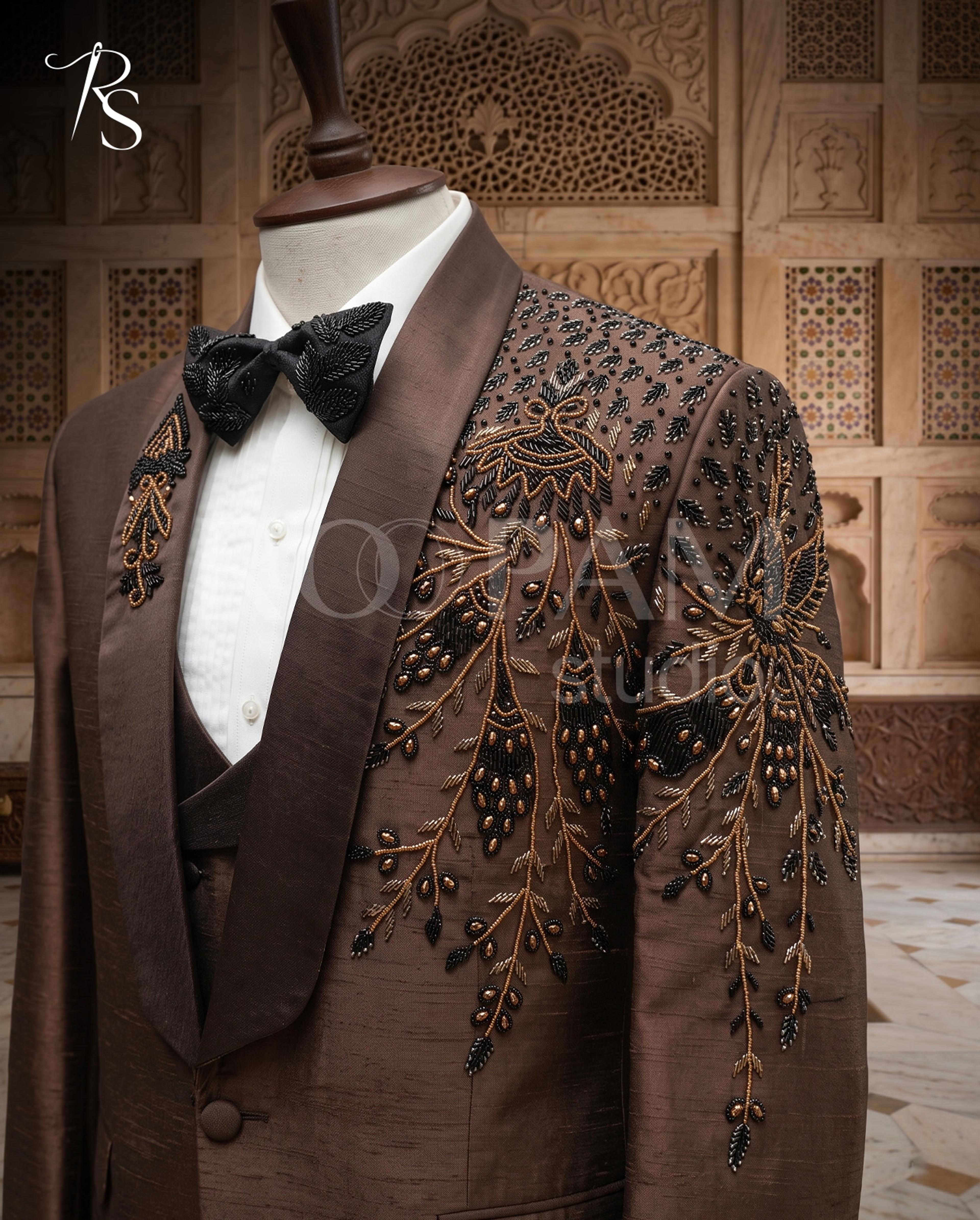 Luxury Brown Asymmetrical Floral Vine Hand-Embroidered 3-Piece Tuxedo