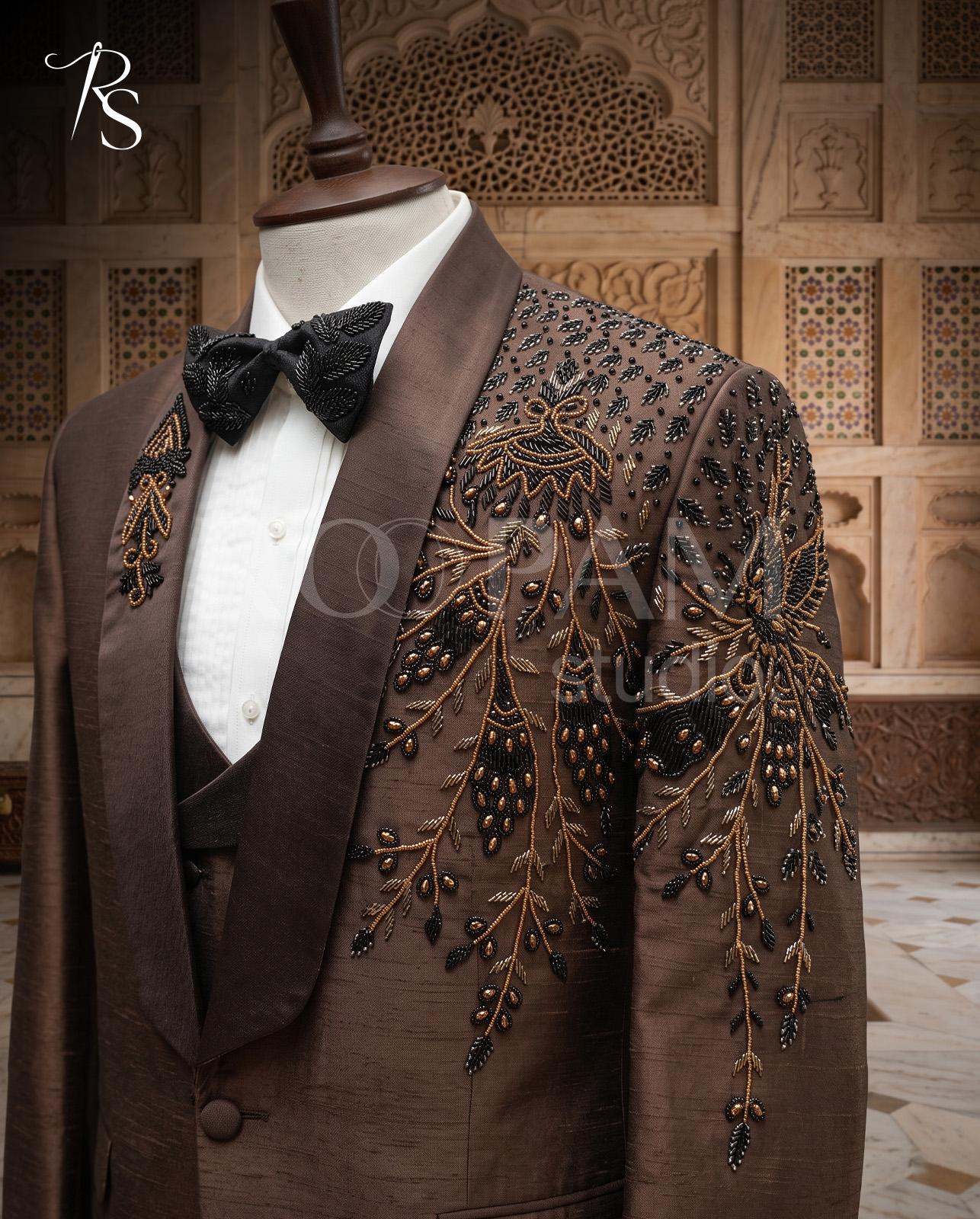 Luxury Brown Asymmetrical Floral Vine Hand-Embroidered 3-Piece Tuxedo - Image 1